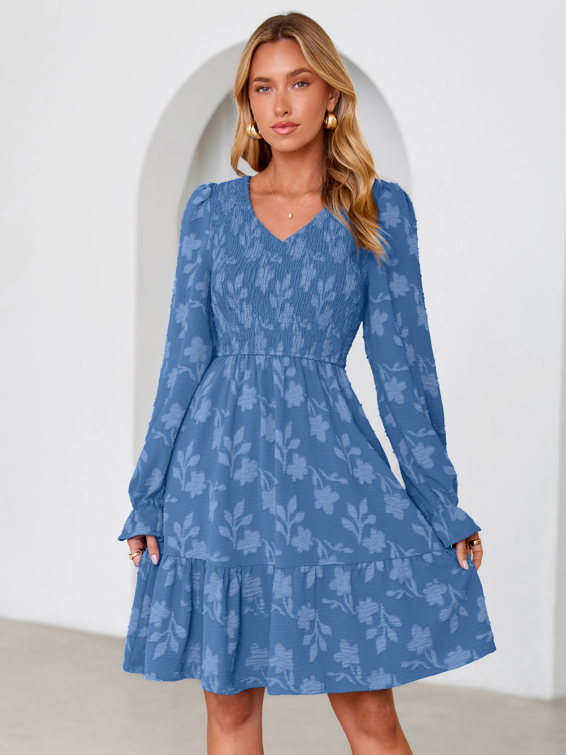 Floral Textured Smocked V Neck A Line Mini Dress - Blue