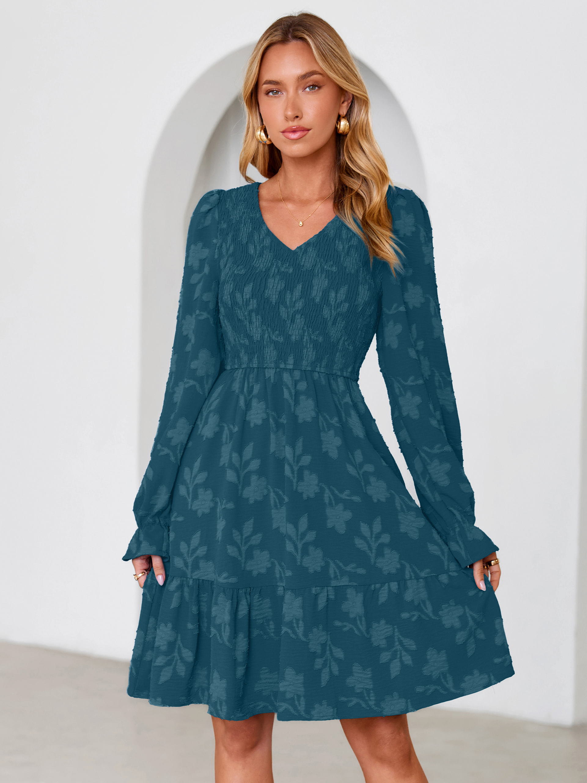 Floral Textured Smocked V Neck A Line Mini Dress - Dark Teal
