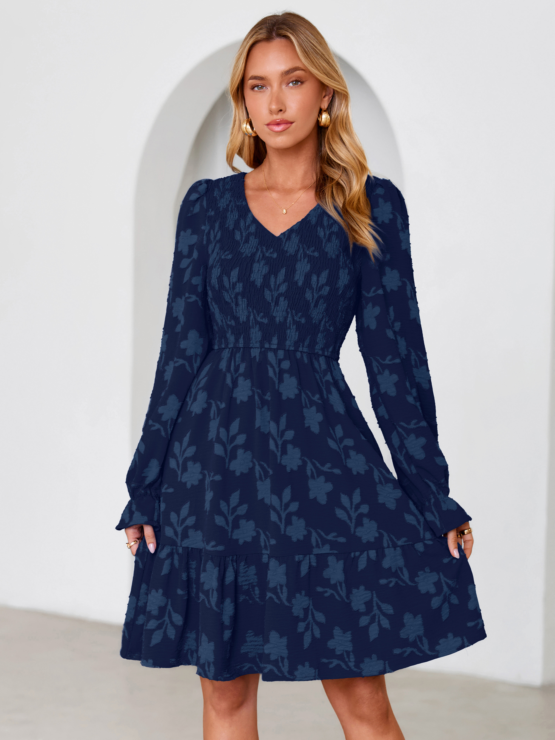 Floral Textured Smocked V Neck A Line Mini Dress - Navy Blue