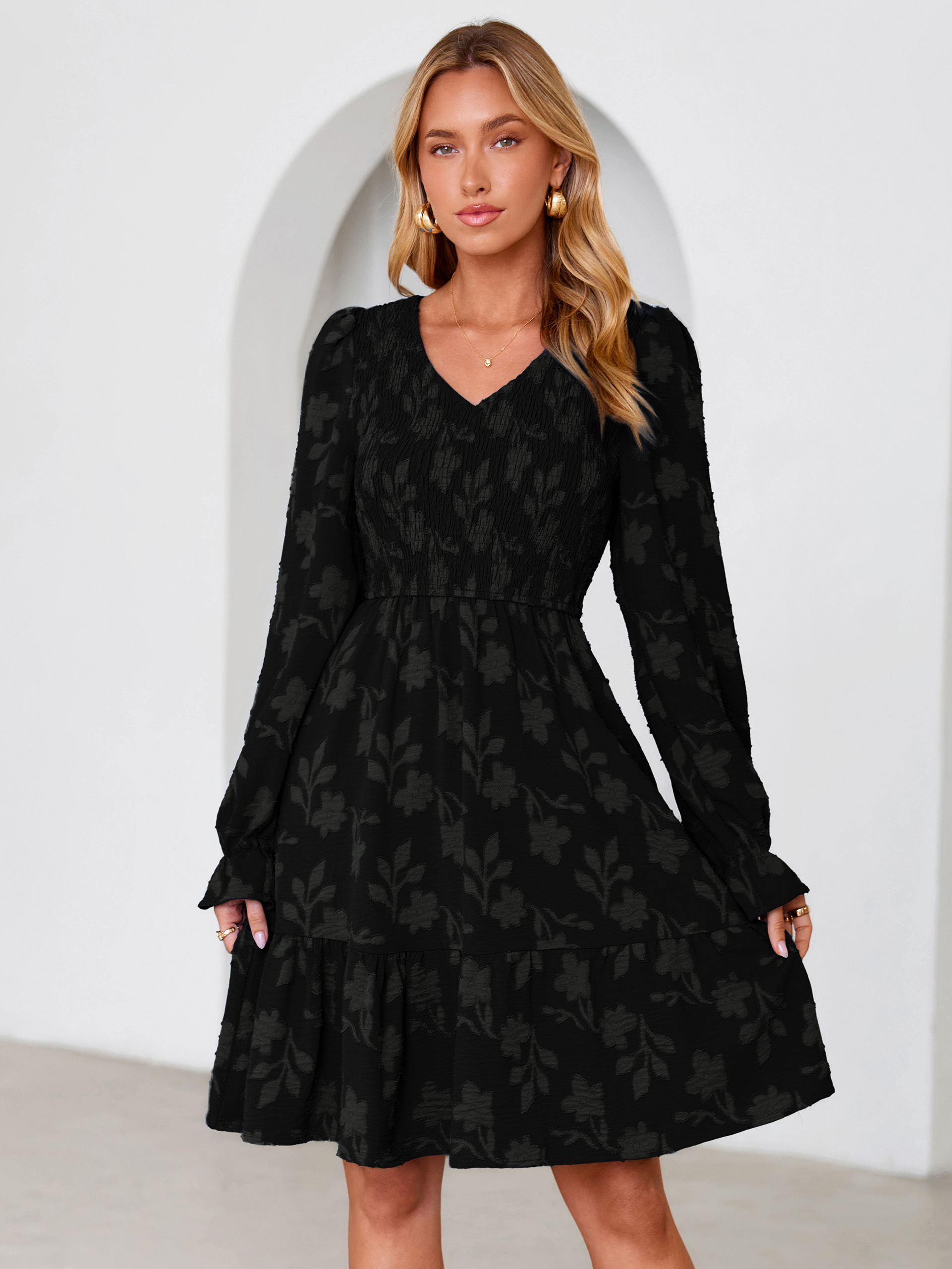 Floral Textured Smocked V Neck A Line Mini Dress - Black