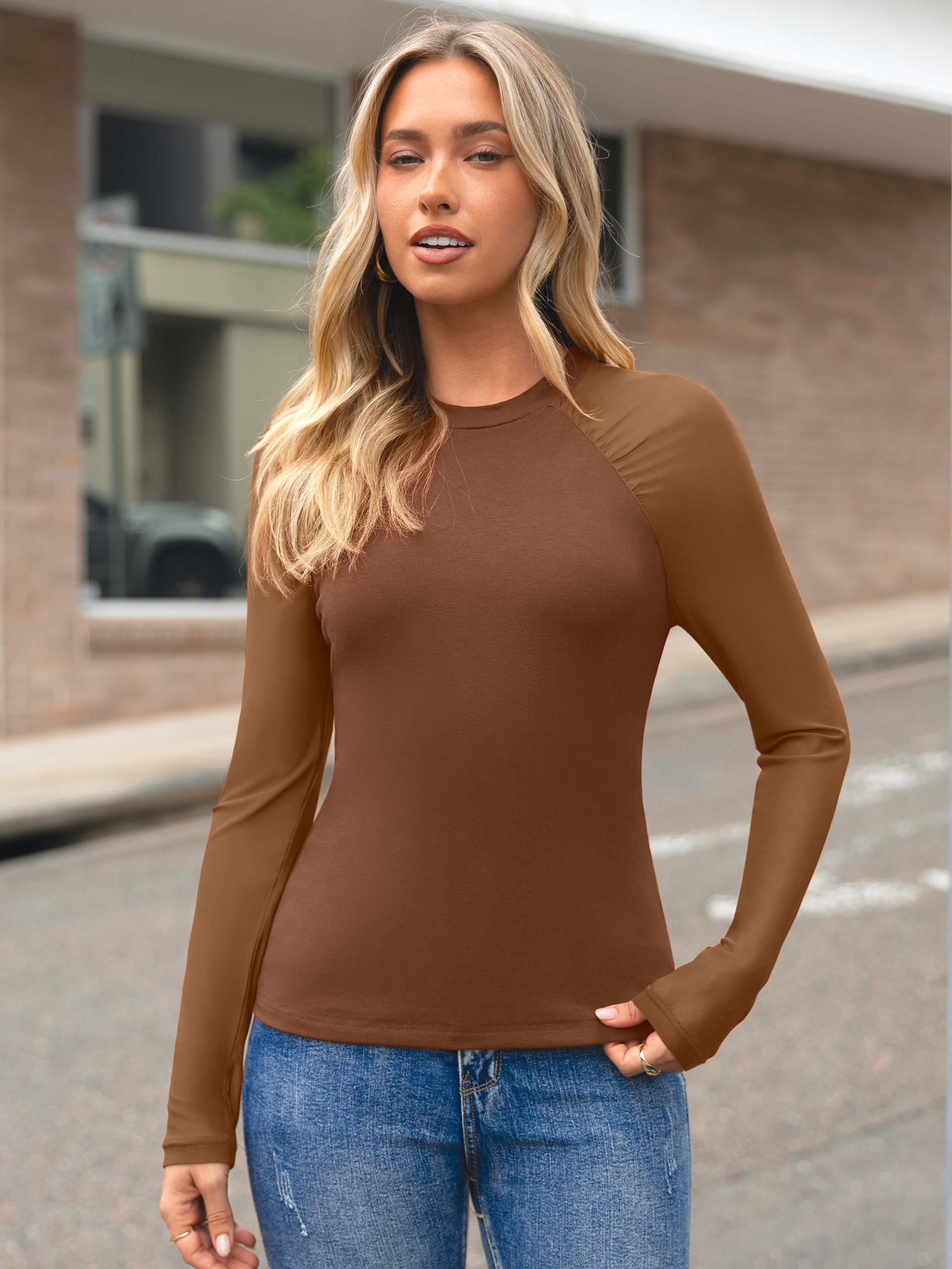 Solid Sheer Mesh Raglan Long Sleeve Layering Tee - Apricot