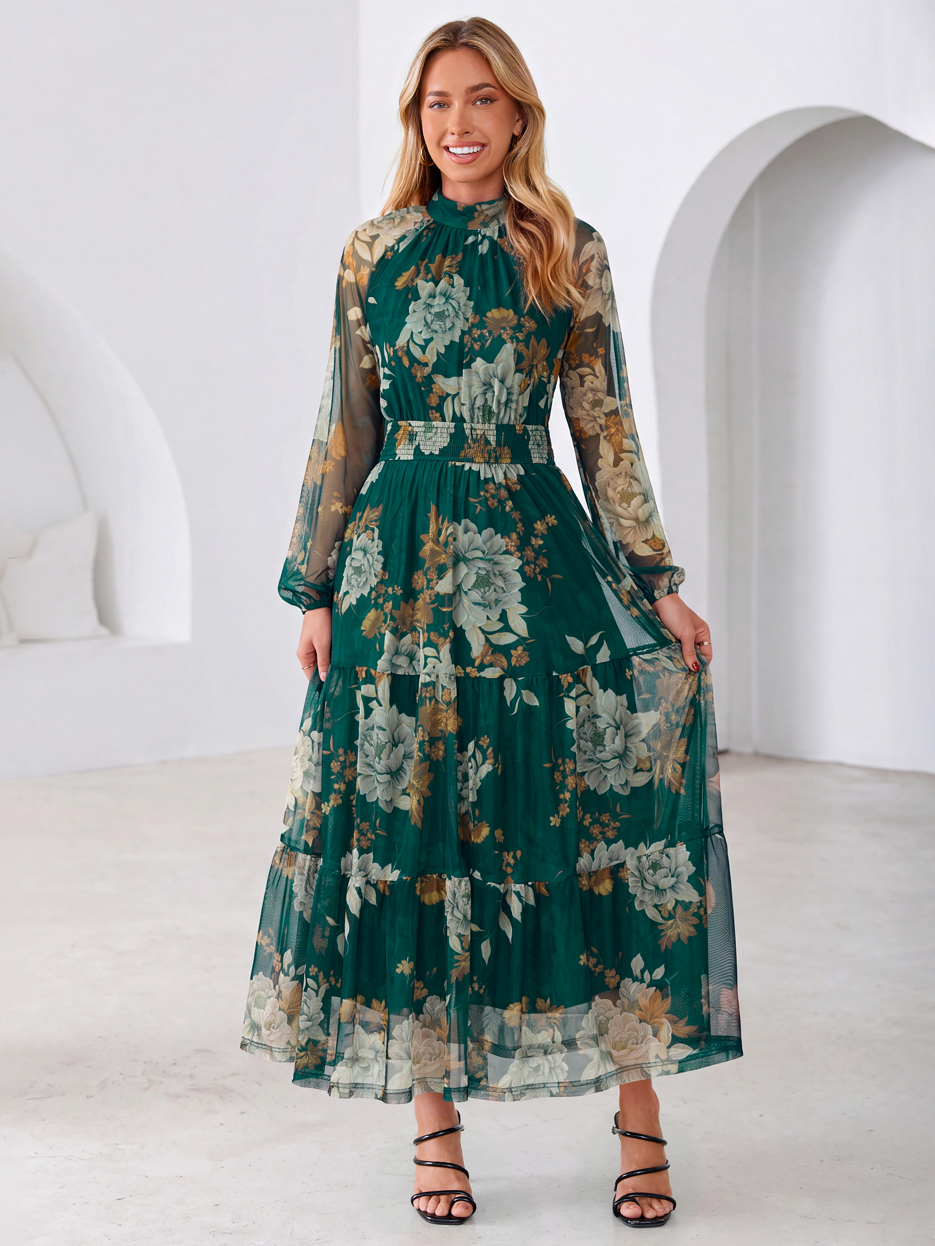 Fall Floral Flowy Tiered Long Sleeve Maxi Dress - Dark Green White Floral
