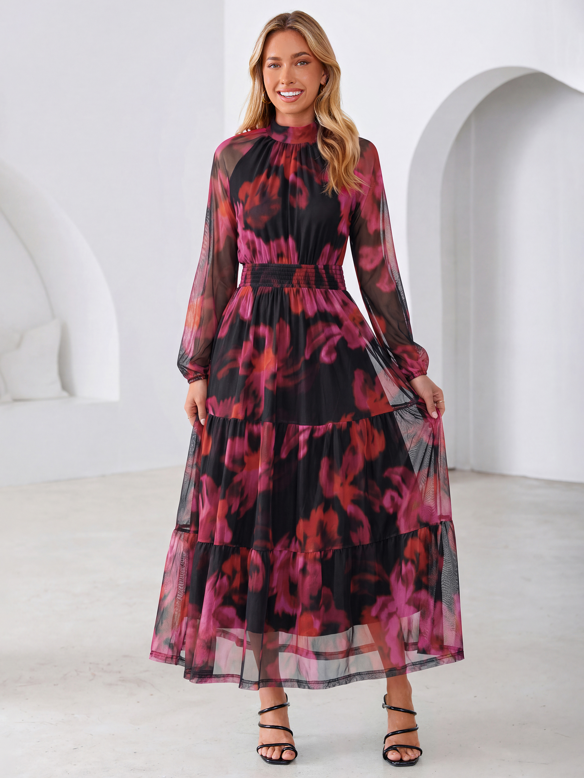 Fall Floral Flowy Tiered Long Sleeve Maxi Dress - Black Rose Red Floral