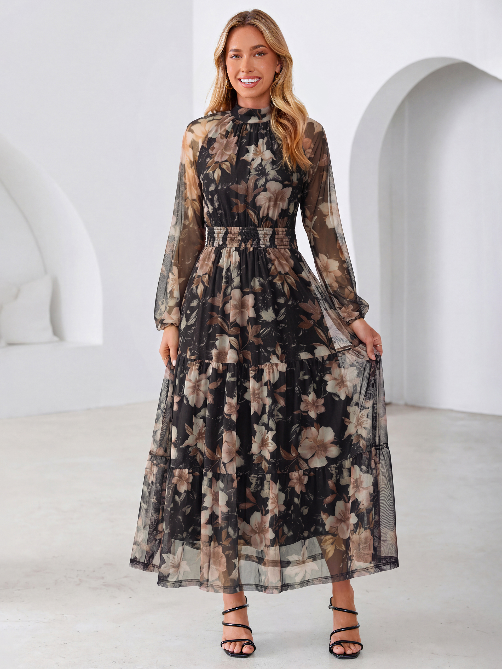 Fall Floral Flowy Tiered Long Sleeve Maxi Dress - Black Floral