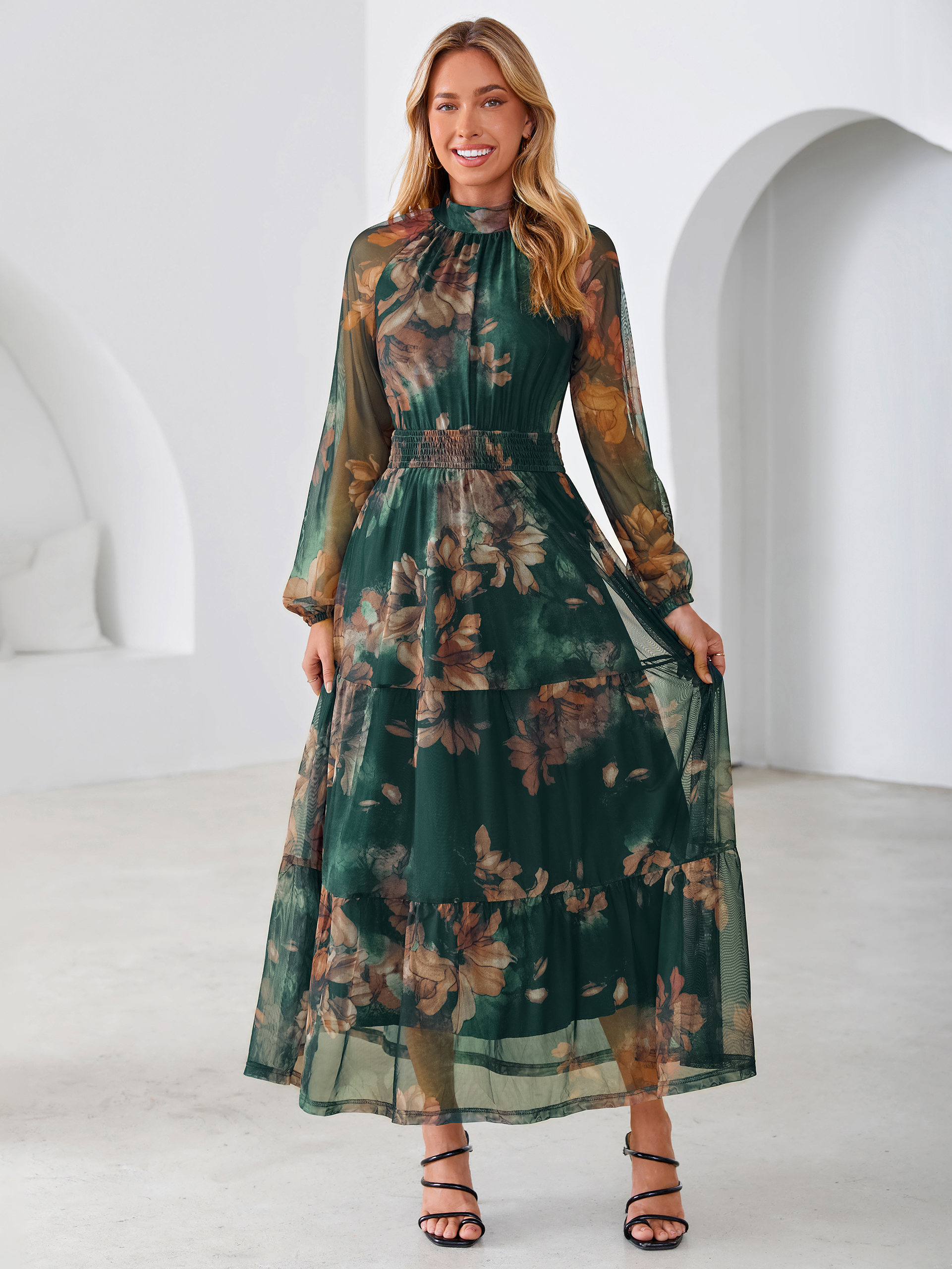 Fall Floral Flowy Tiered Long Sleeve Maxi Dress - Dark Green Floral
