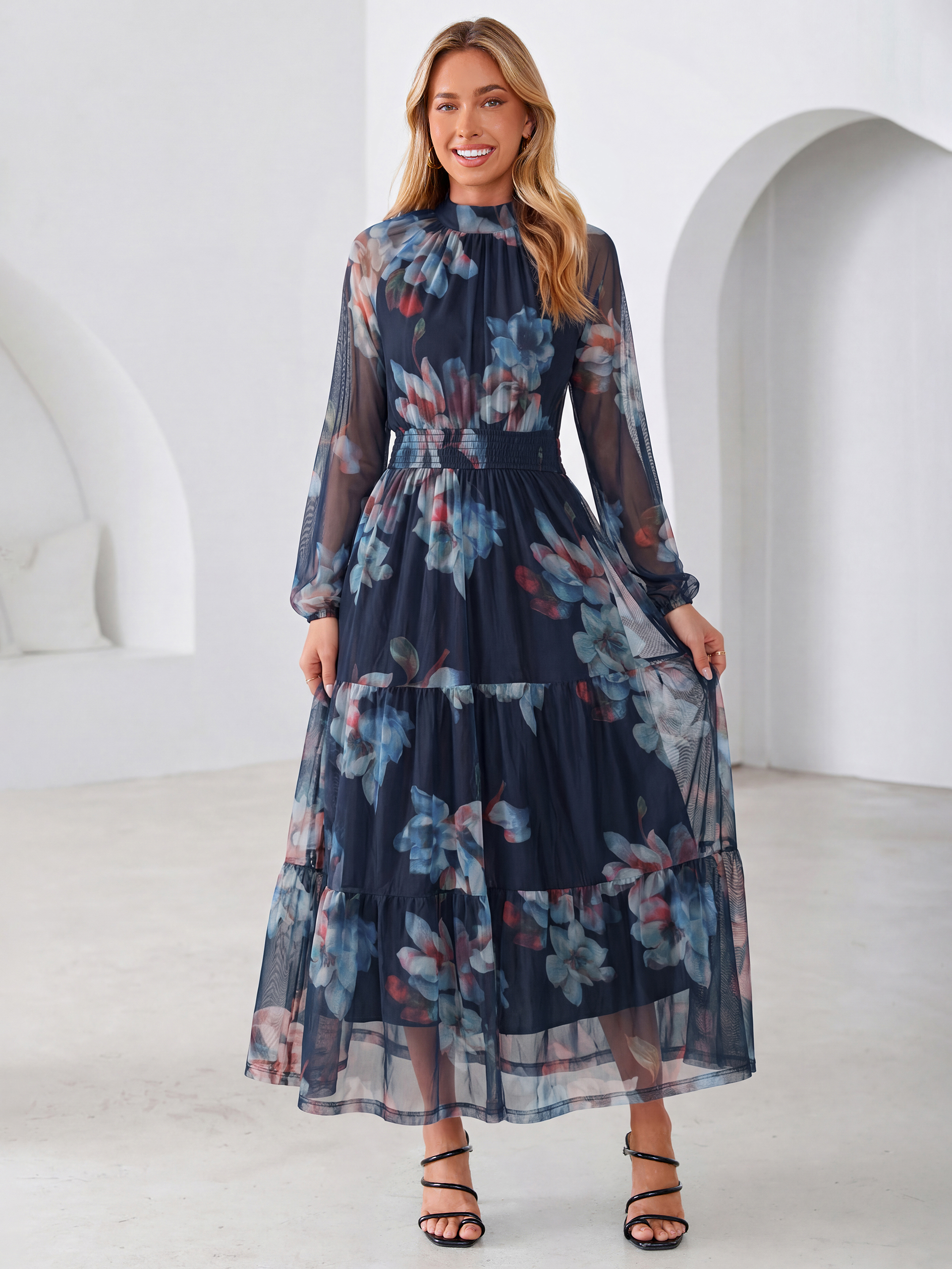 Fall Floral Flowy Tiered Long Sleeve Maxi Dress - Navy Blue Floral