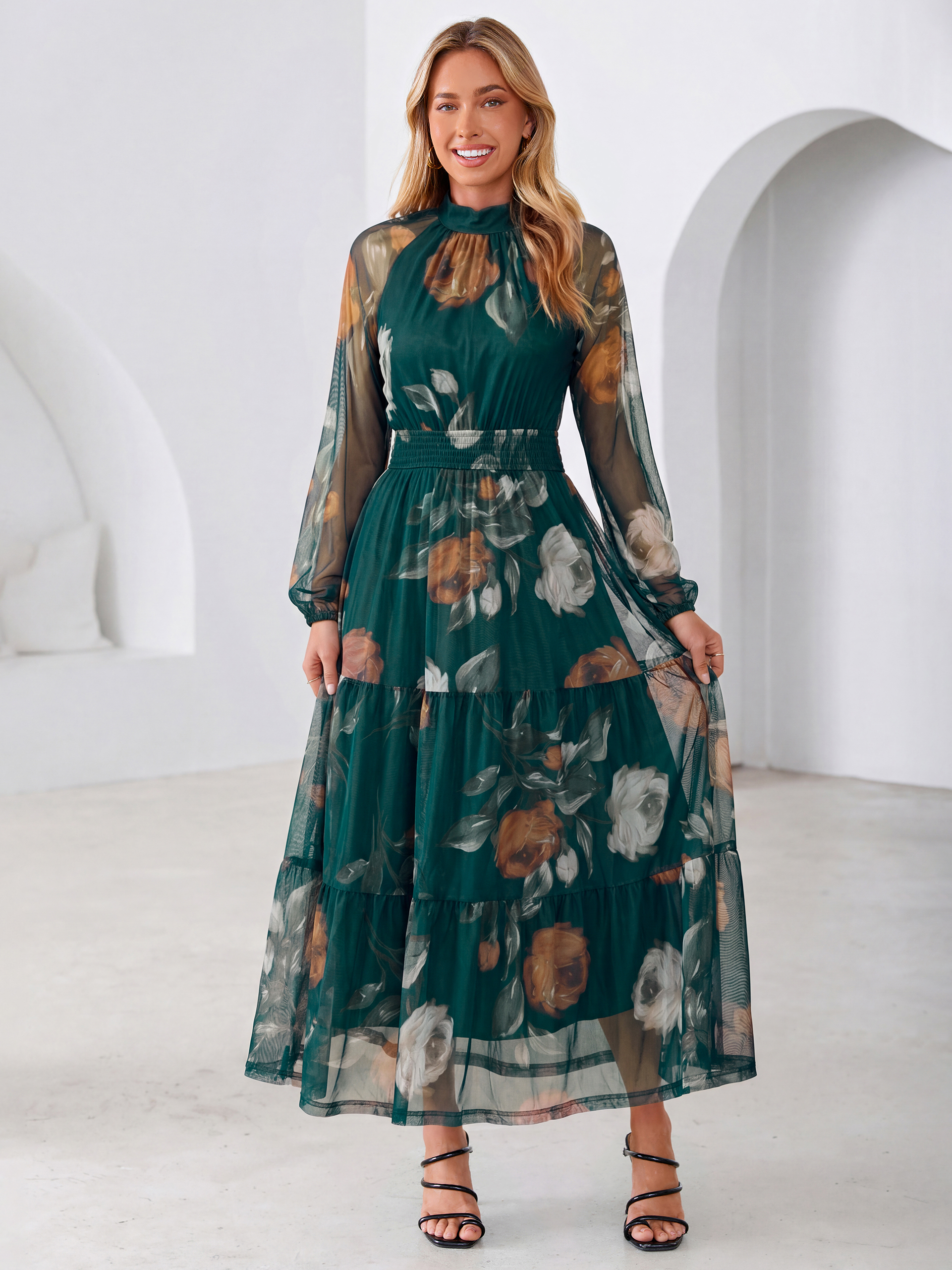 Fall Floral Flowy Tiered Long Sleeve Maxi Dress - Dark Green Rose