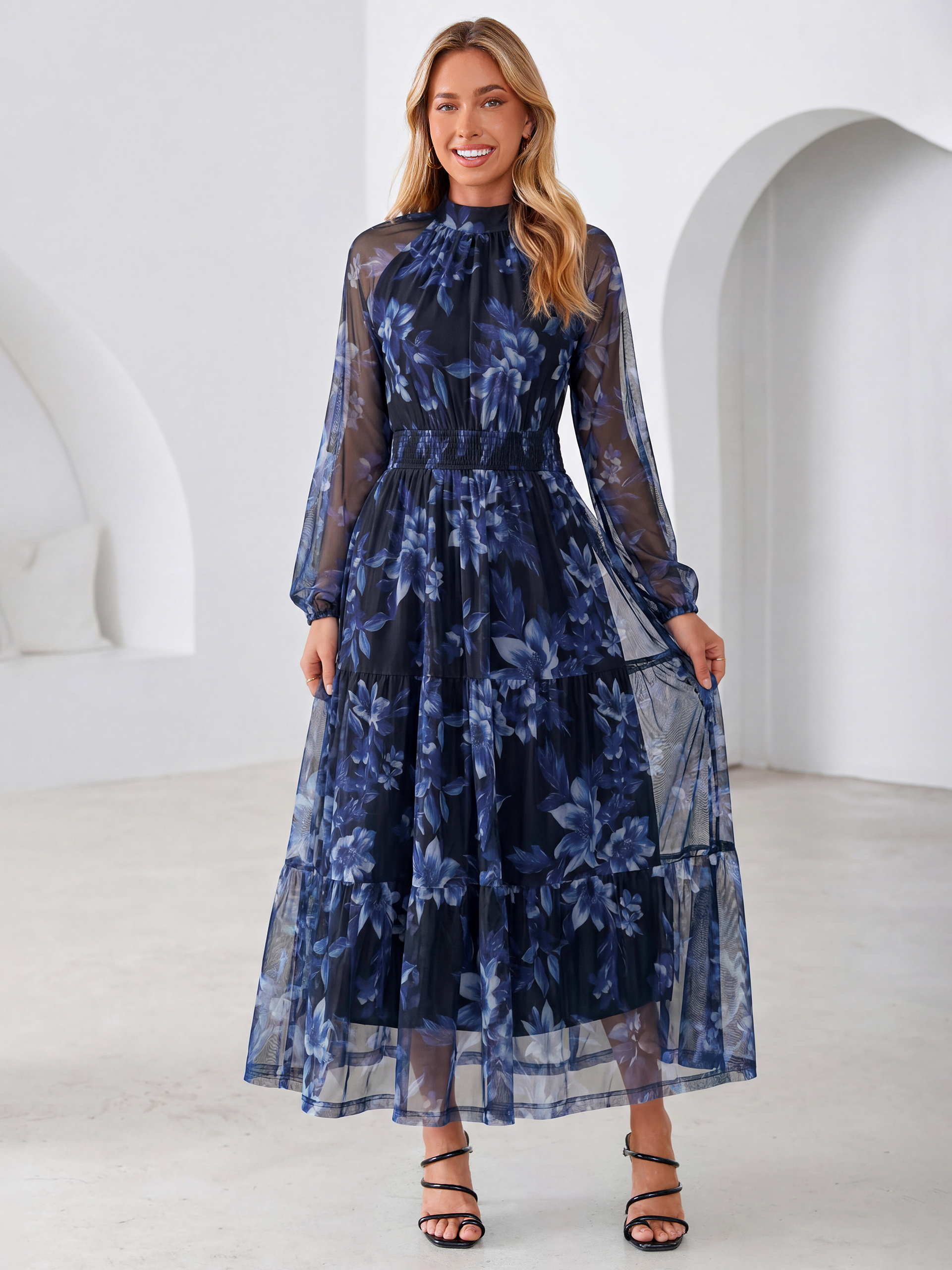 Fall Floral Flowy Tiered Long Sleeve Maxi Dress - Blue Floral