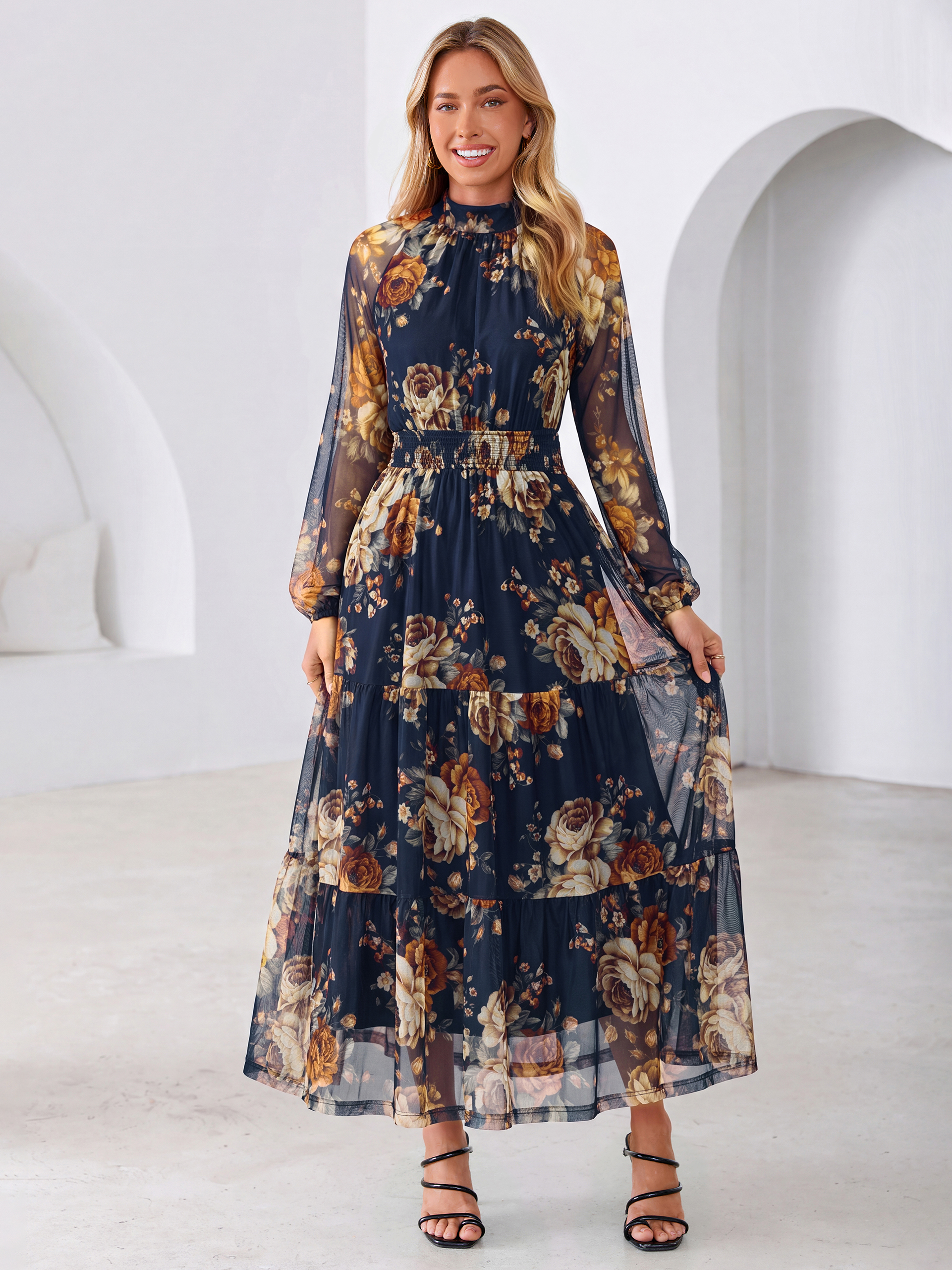 Fall Floral Flowy Tiered Long Sleeve Maxi Dress - Navy Blue Orange Floral