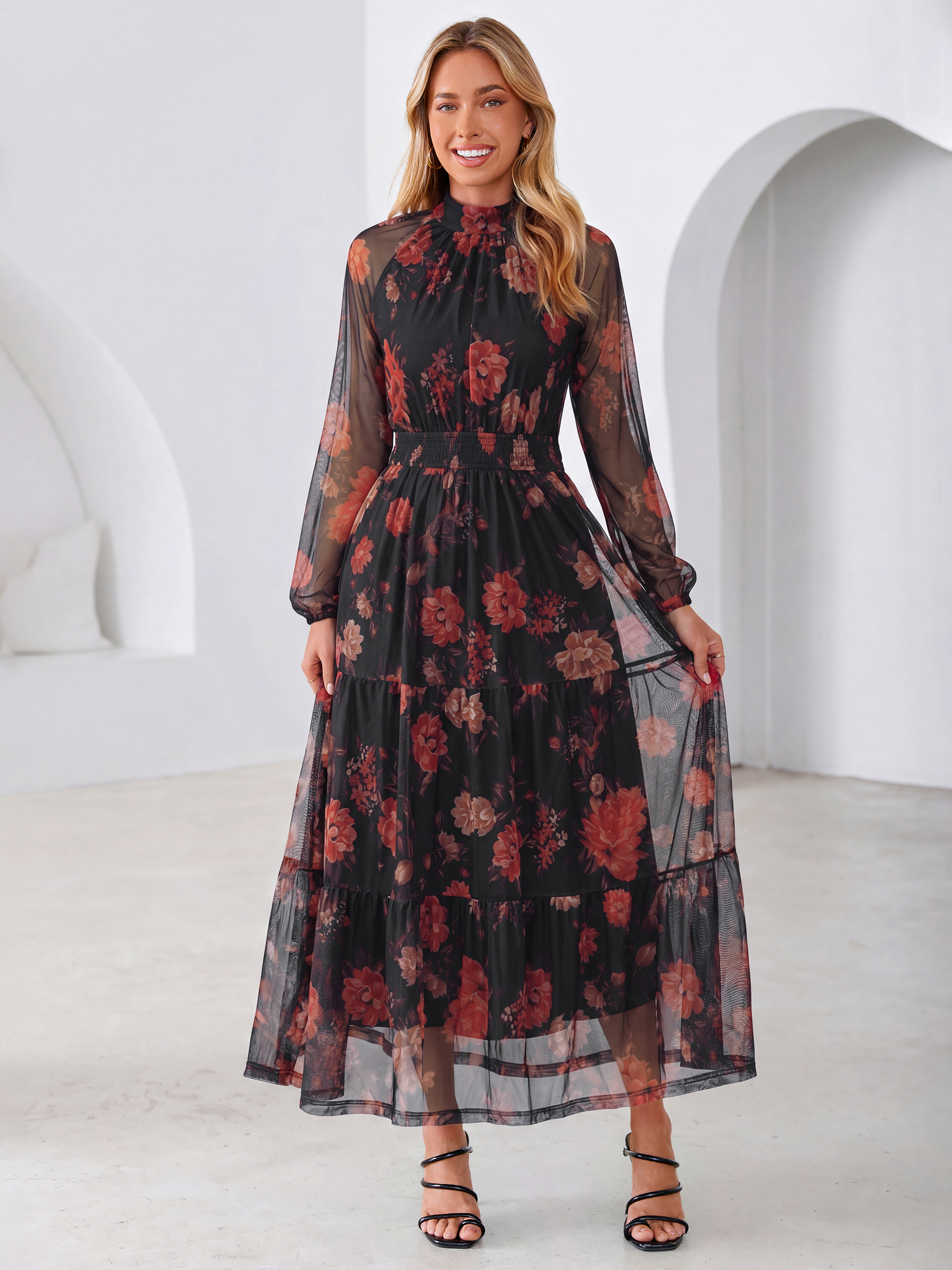 Fall Floral Flowy Tiered Long Sleeve Maxi Dress - Black Red Floral