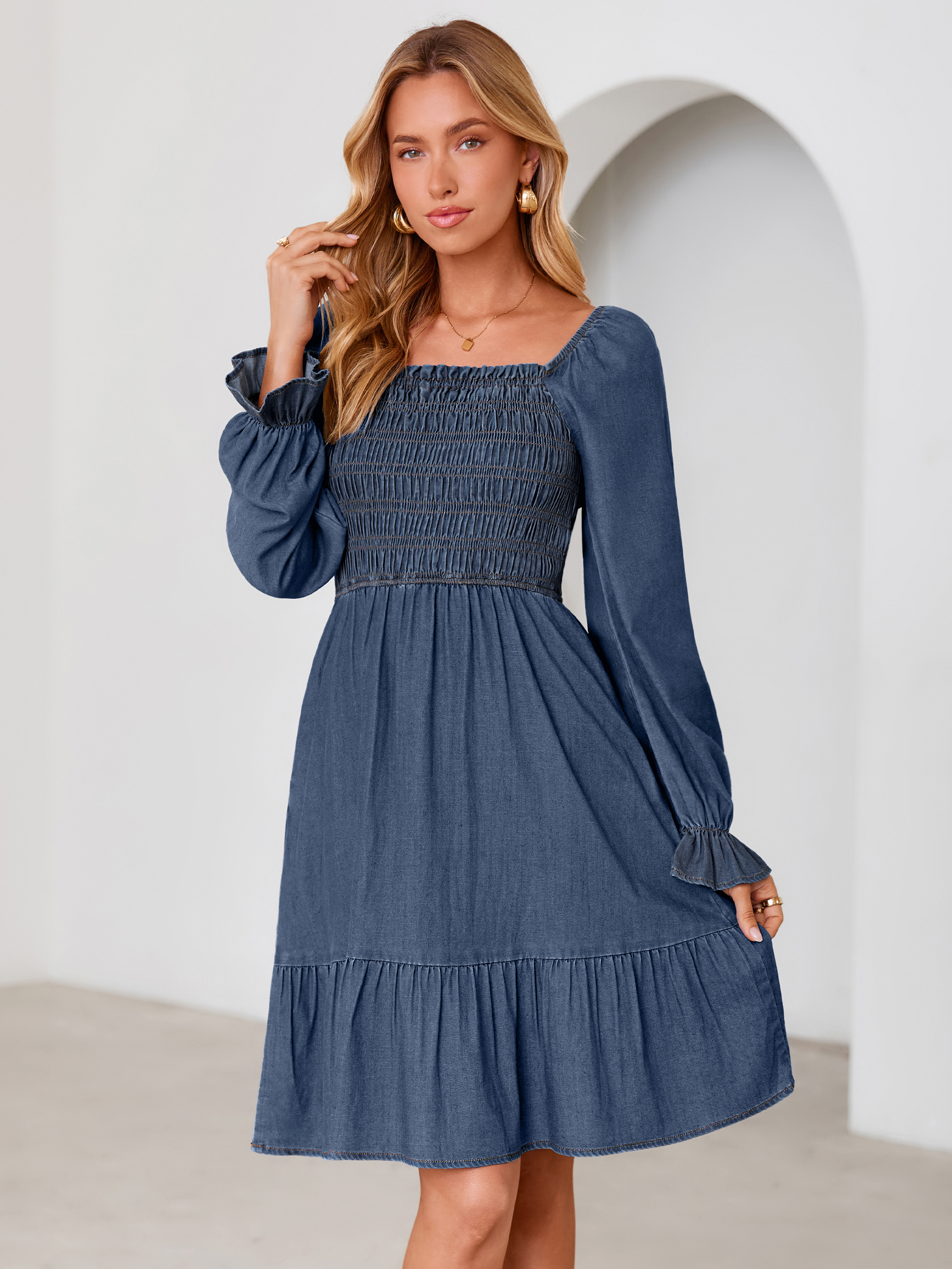 Long Sleeve Smocked Lyocell A-Line Denim Mini Dress