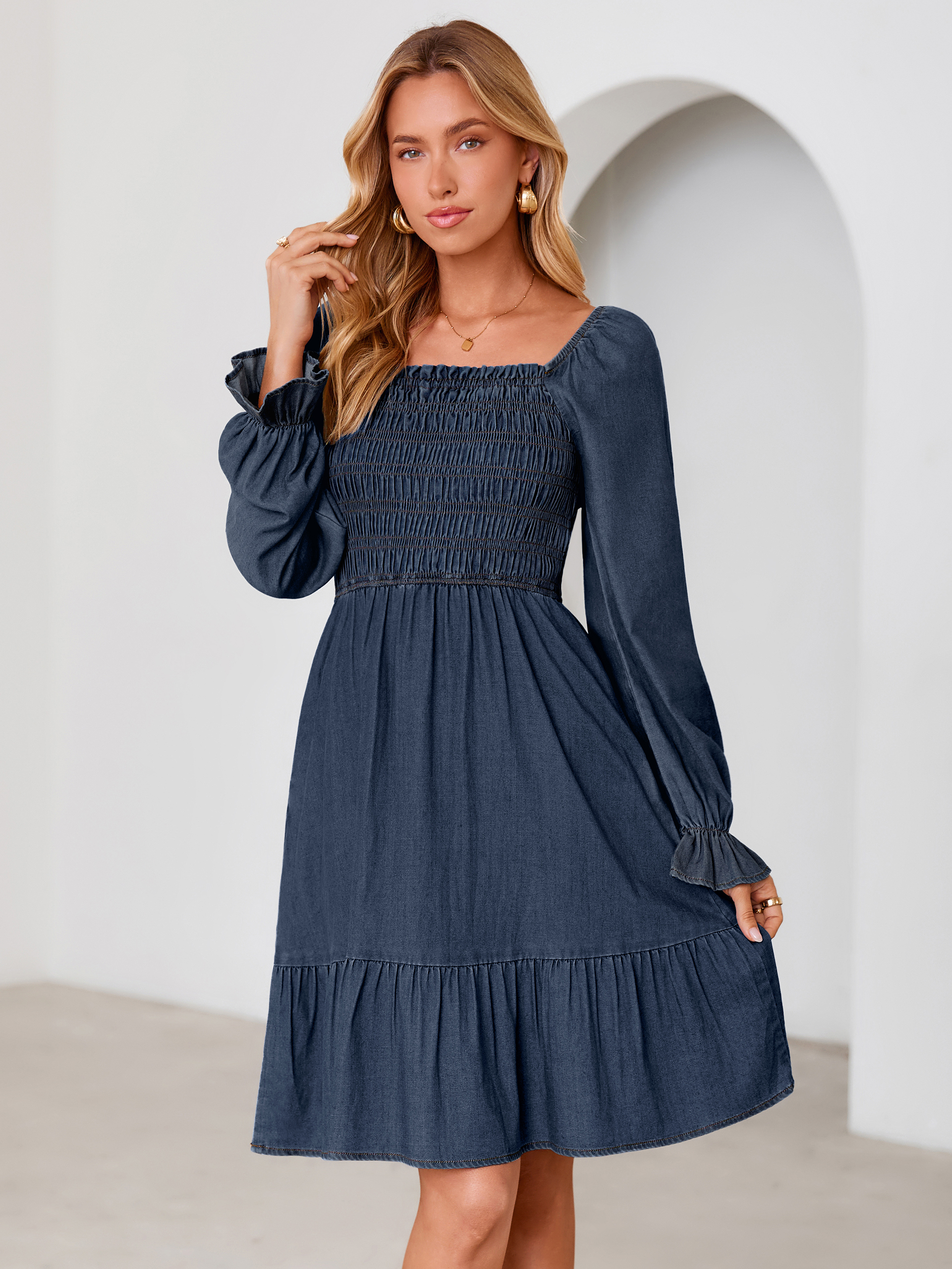 Long Sleeve Smocked Lyocell A-Line Denim Mini Dress