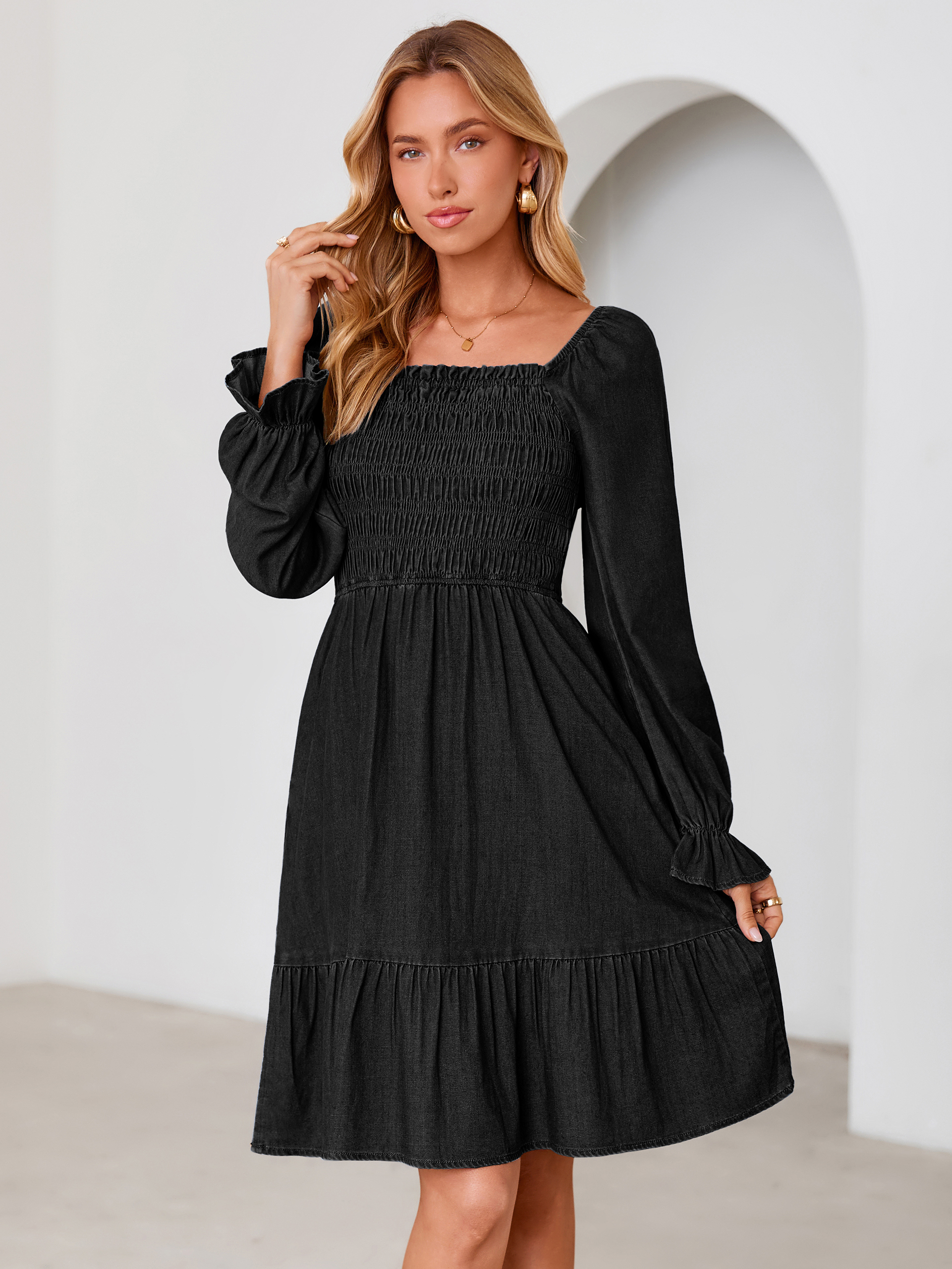 Long Sleeve Smocked Lyocell A-Line Denim Mini Dress