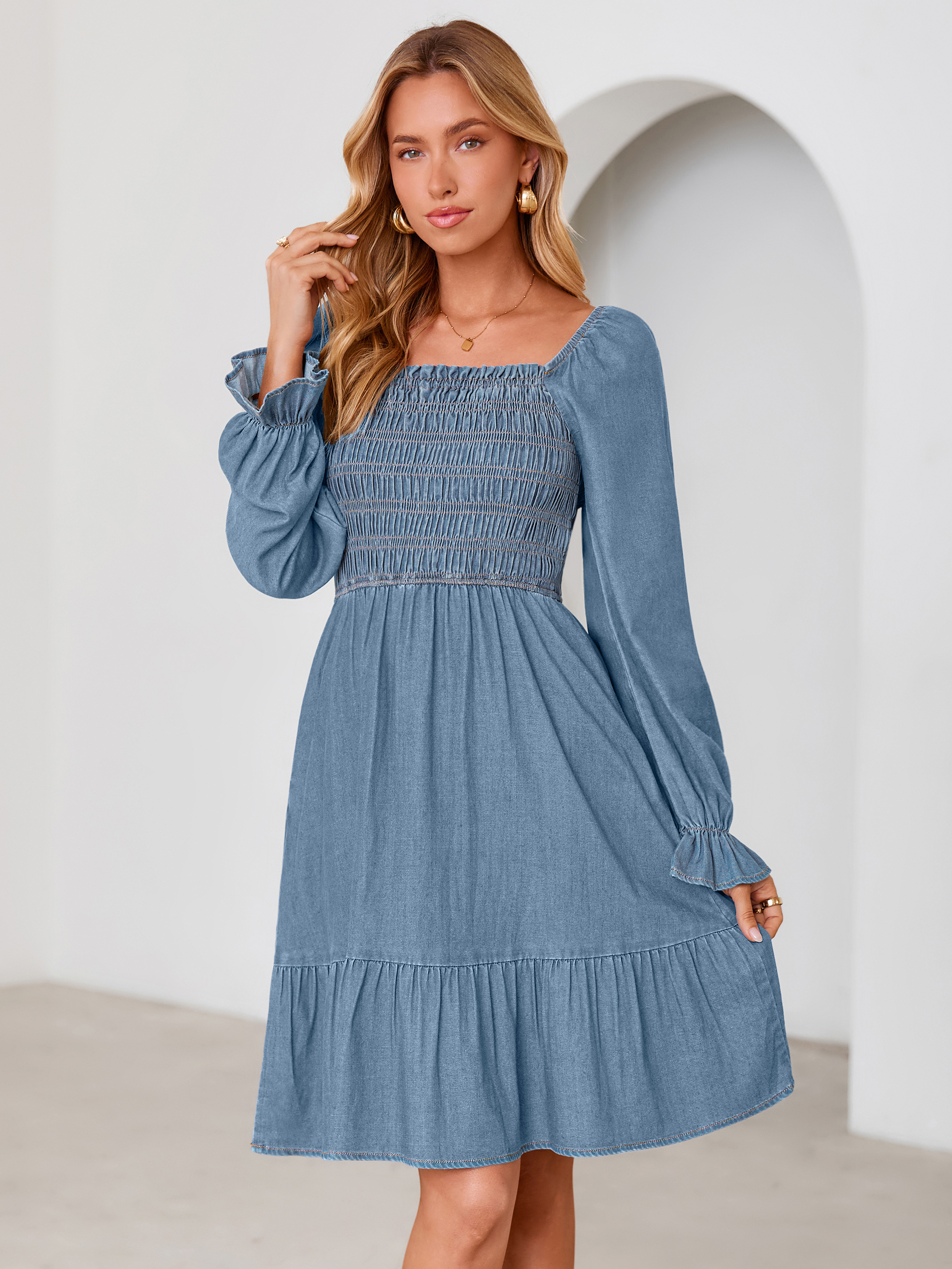 Long Sleeve Smocked Lyocell A-Line Denim Mini Dress