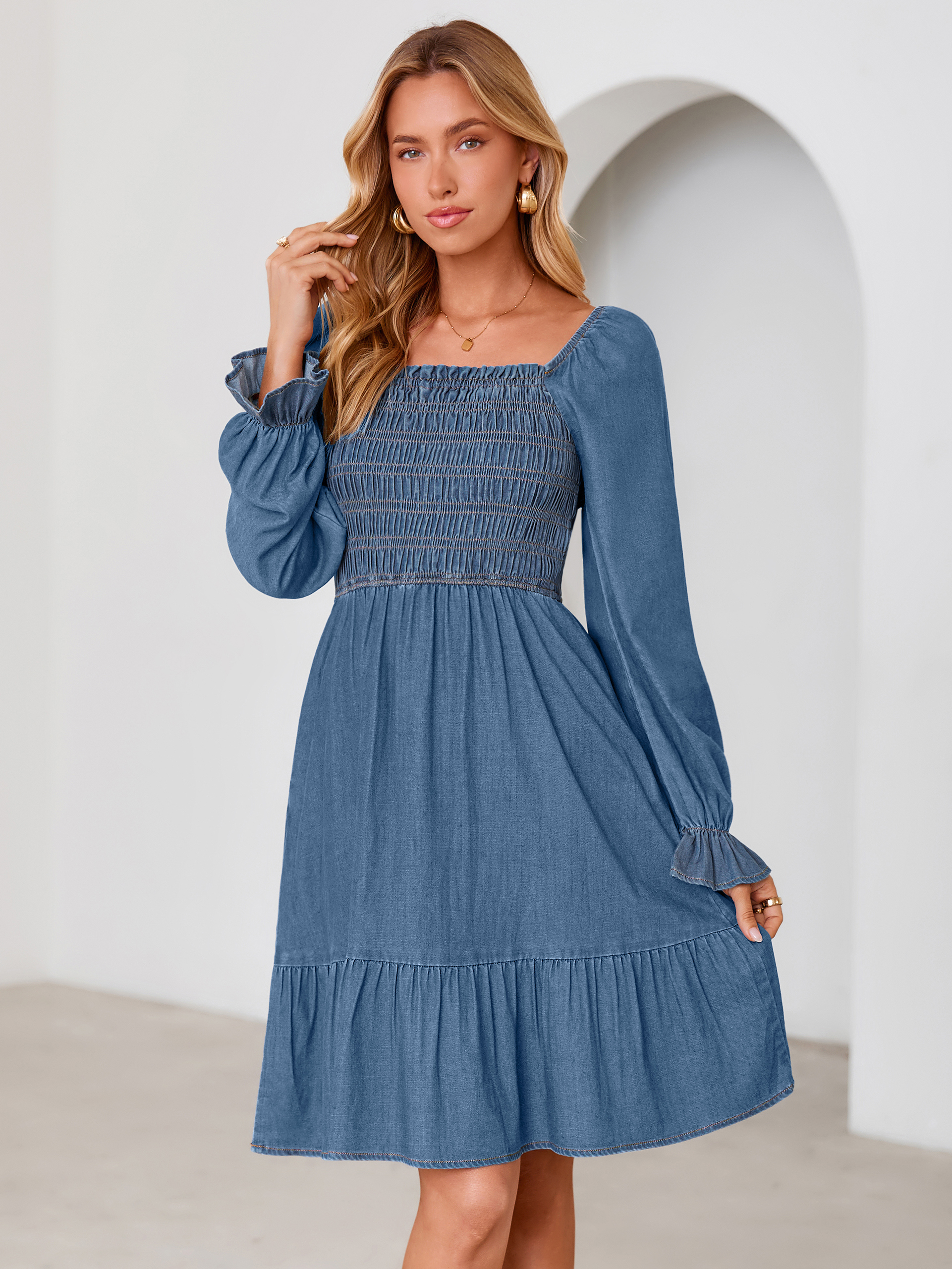 Long Sleeve Smocked Lyocell A-Line Denim Mini Dress
