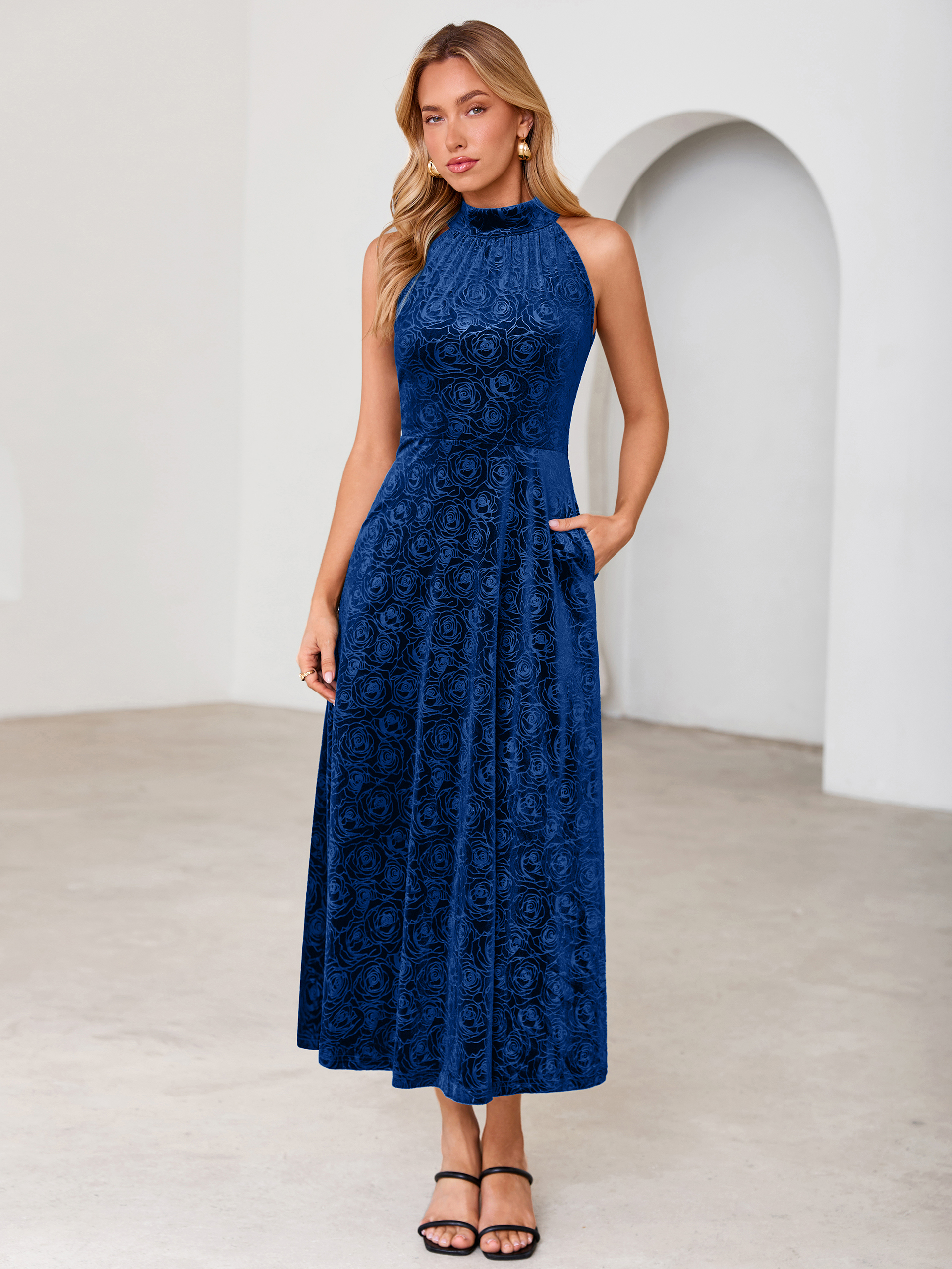 Luxurious Halter Neck Embossed Velvet Maxi Dress