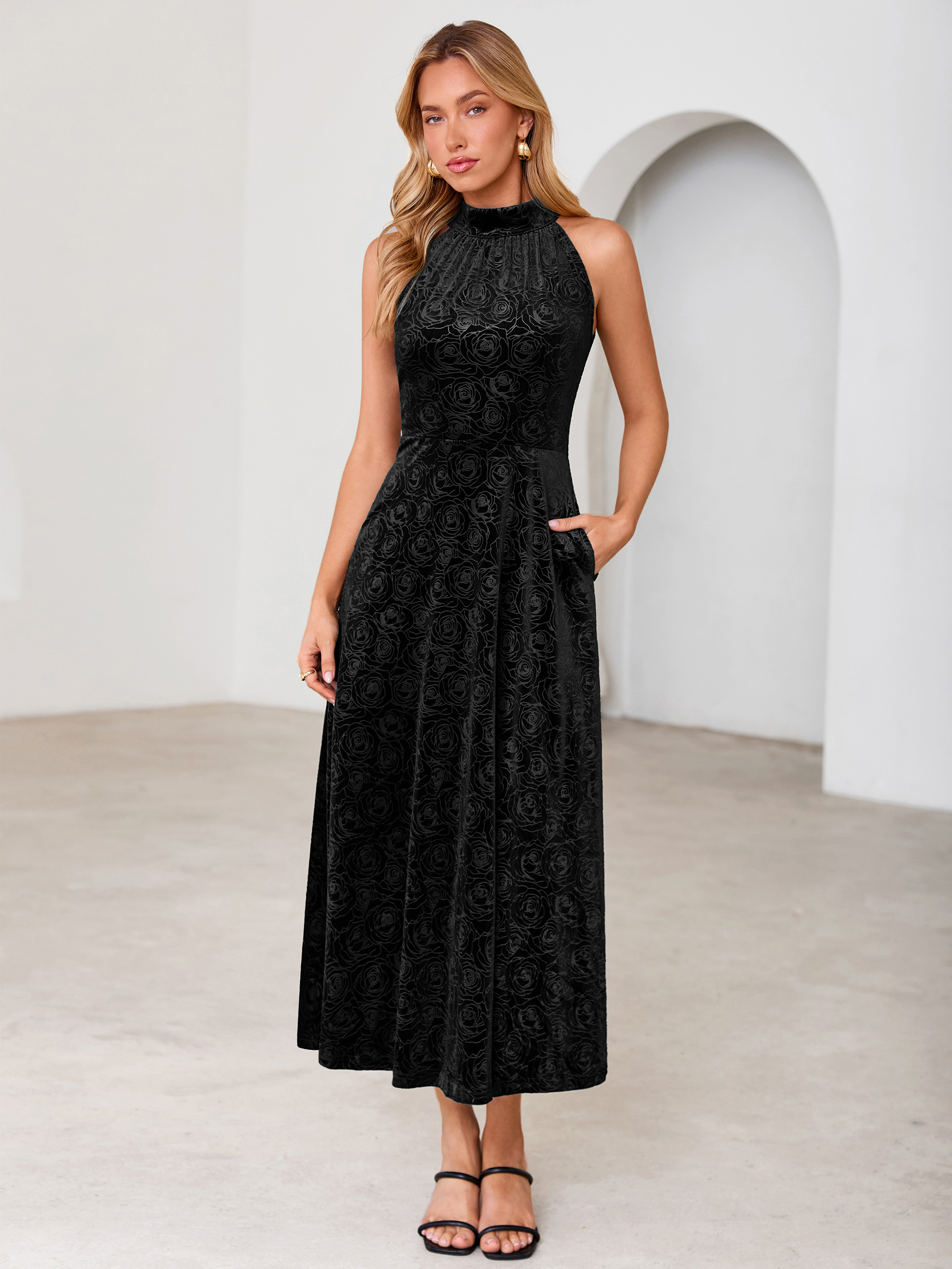 Luxurious Halter Neck Embossed Velvet Maxi Dress