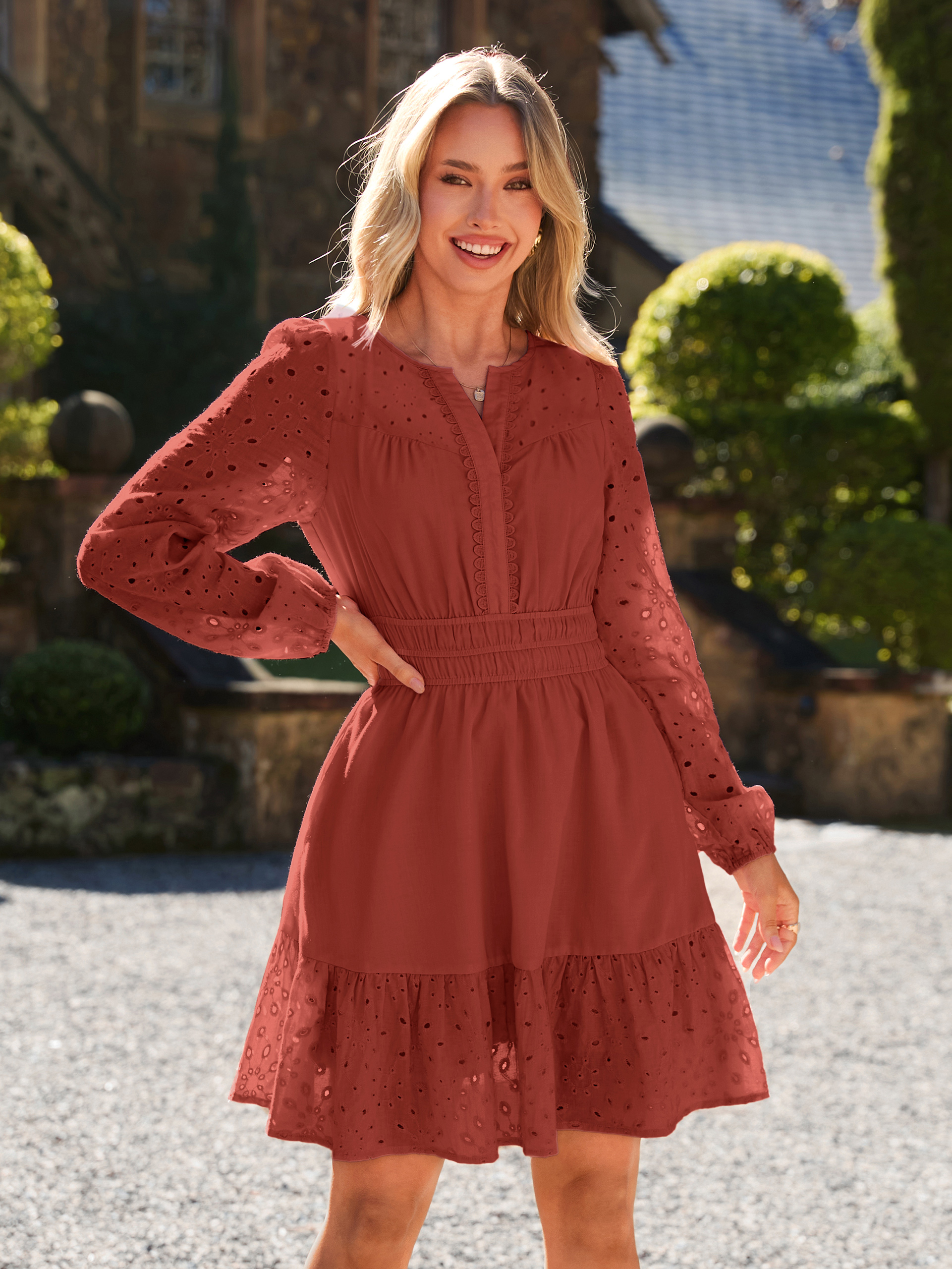Eyelet V Neck Long Sleeve A Line Mini Dress