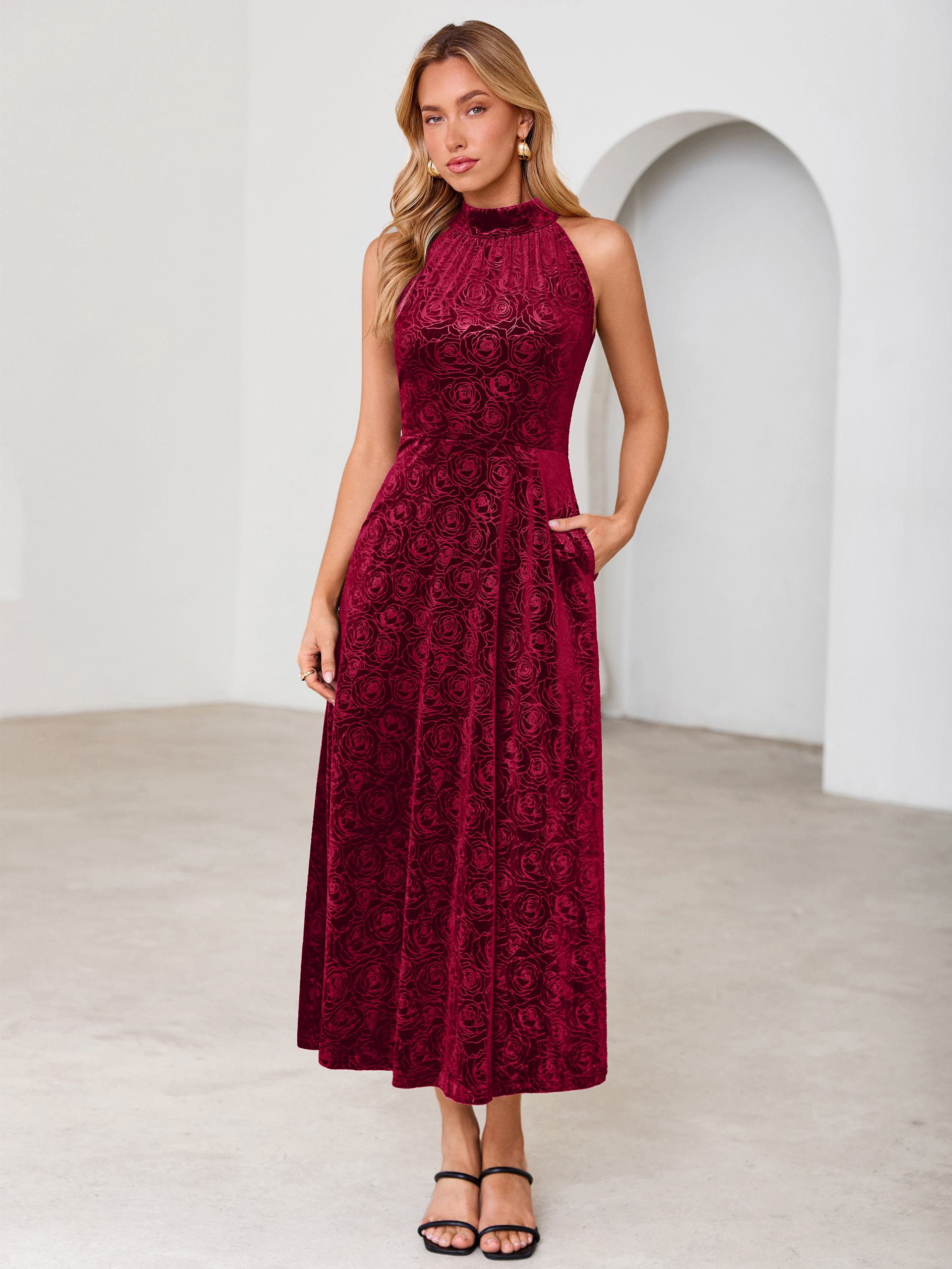 Luxurious Halter Neck Embossed Velvet Maxi Dress