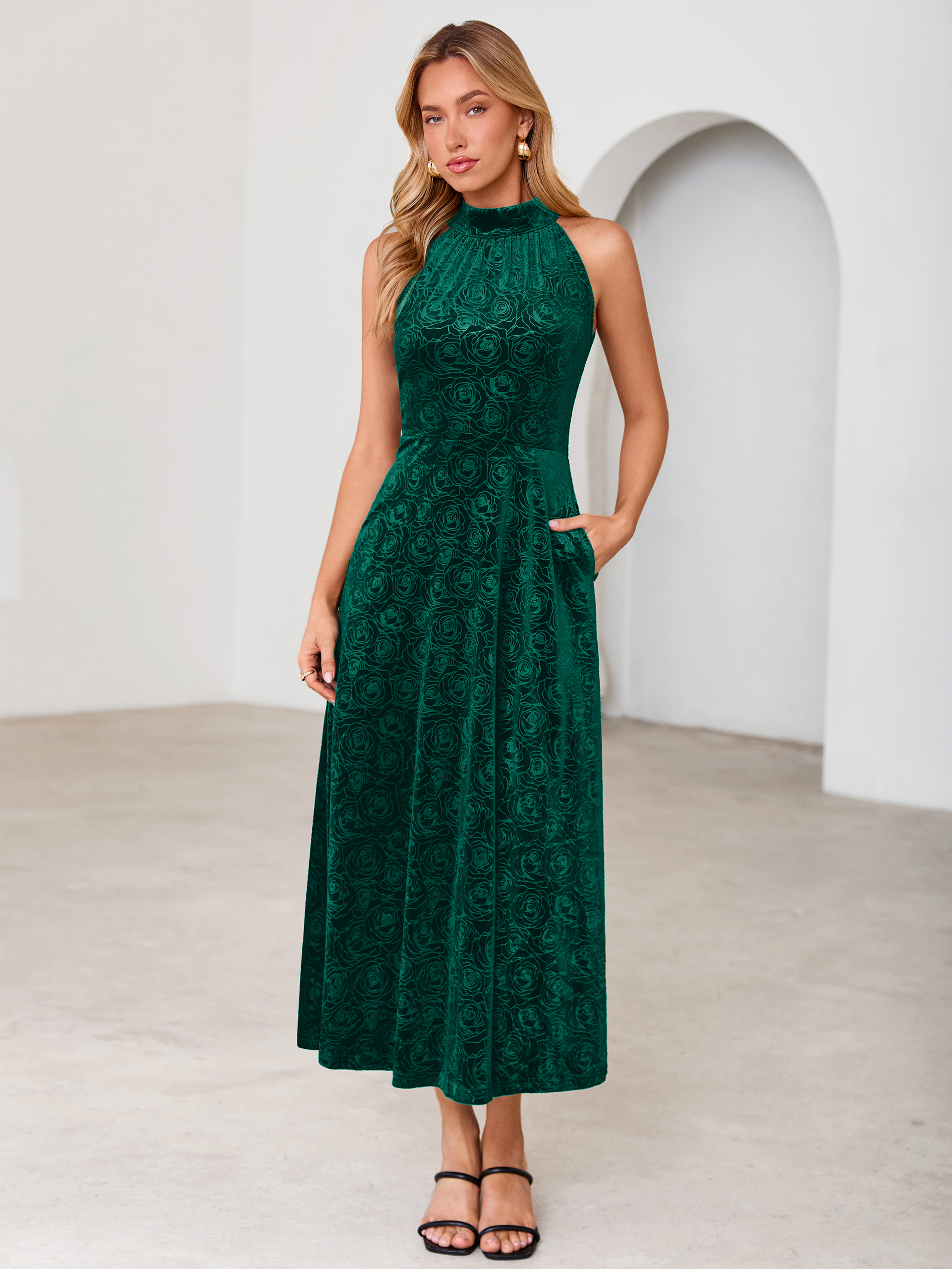 Luxurious Halter Neck Embossed Velvet Maxi Dress