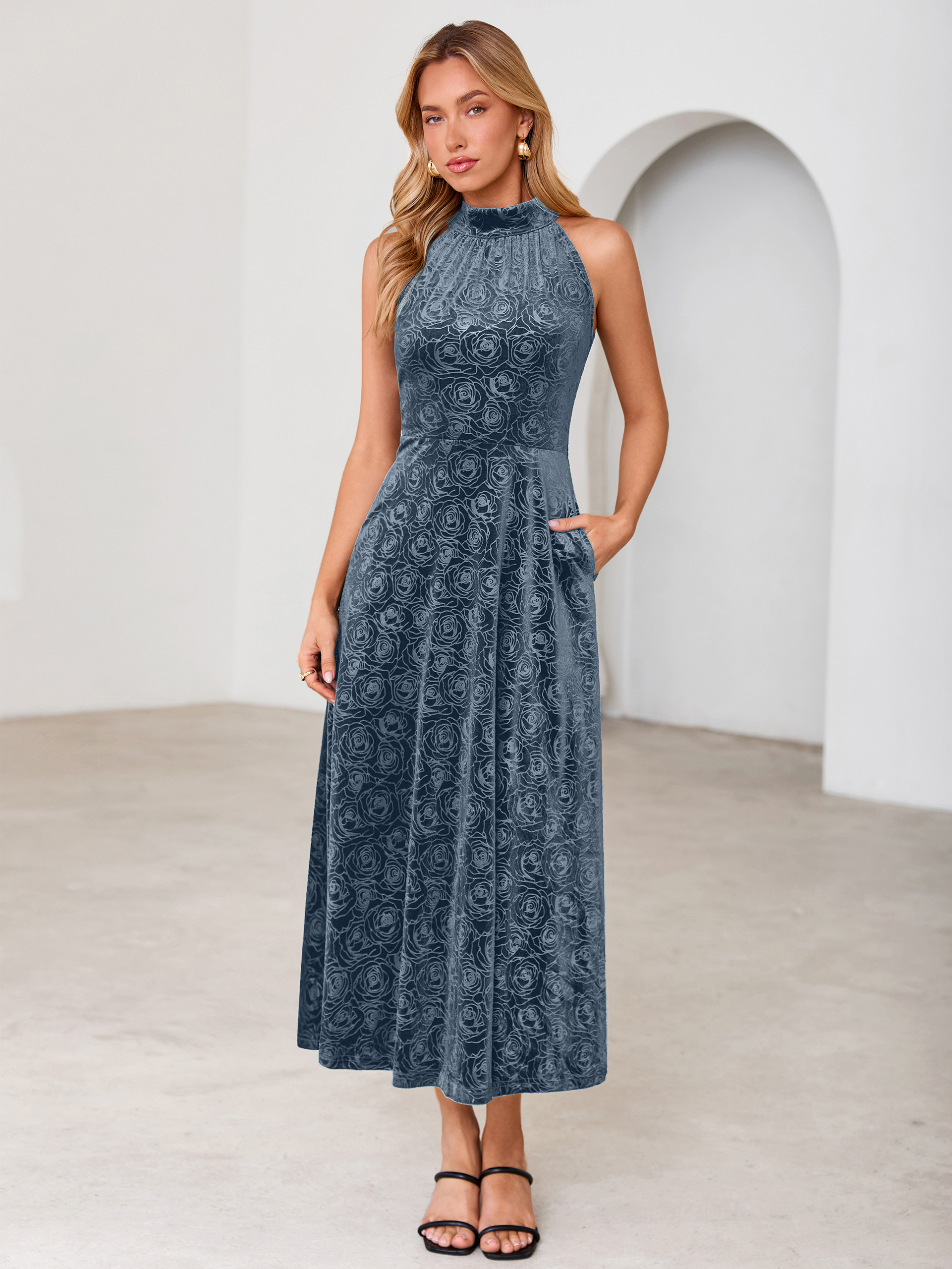 Luxurious Halter Neck Embossed Velvet Maxi Dress