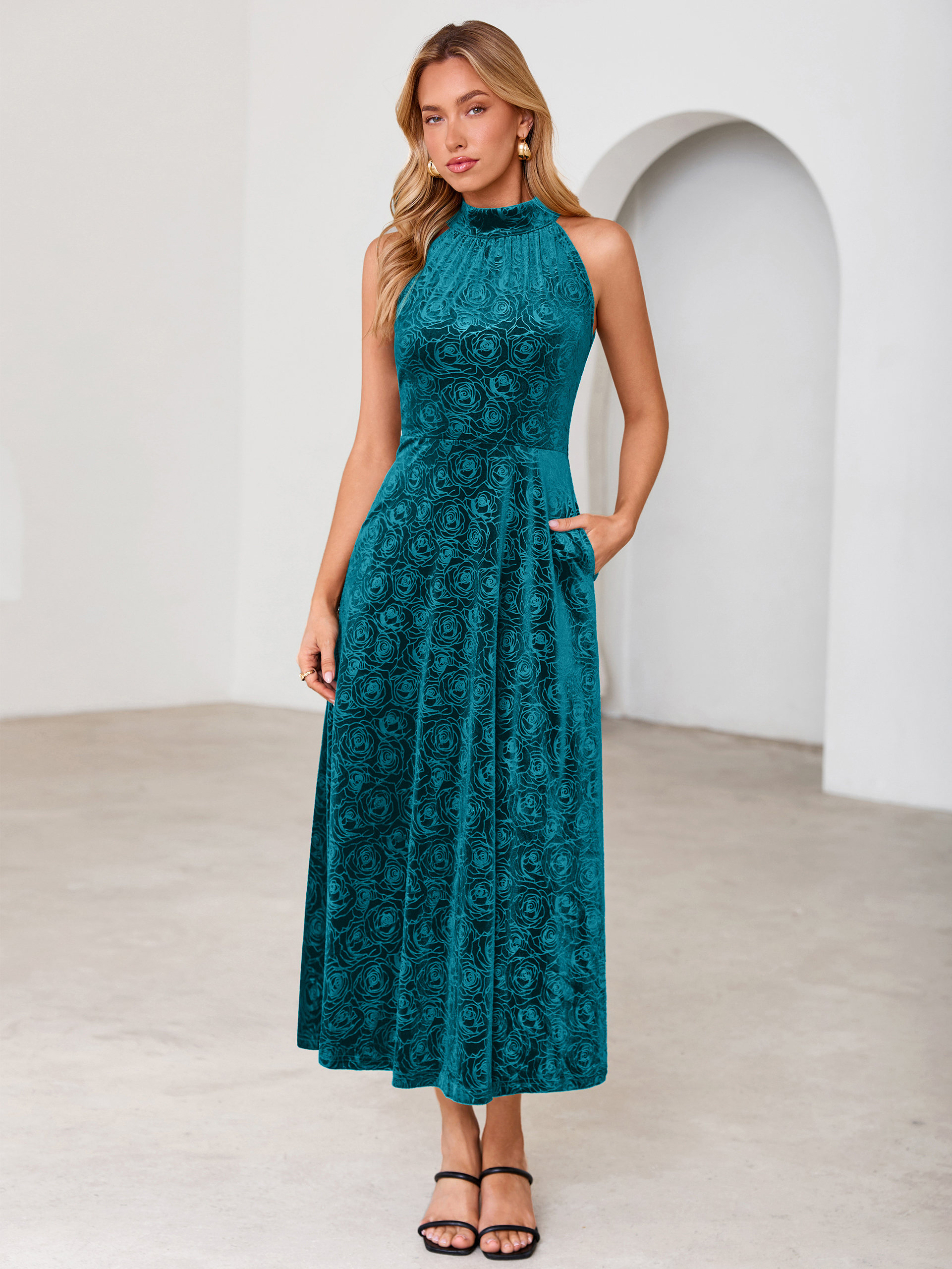 Luxurious Halter Neck Embossed Velvet Maxi Dress