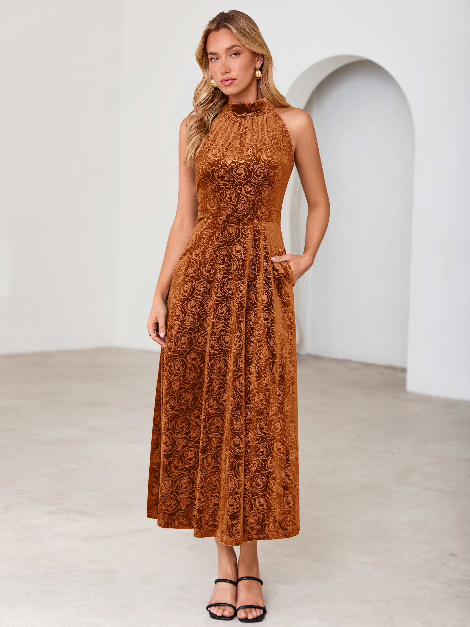 Luxurious Halter Neck Embossed Velvet Maxi Dress