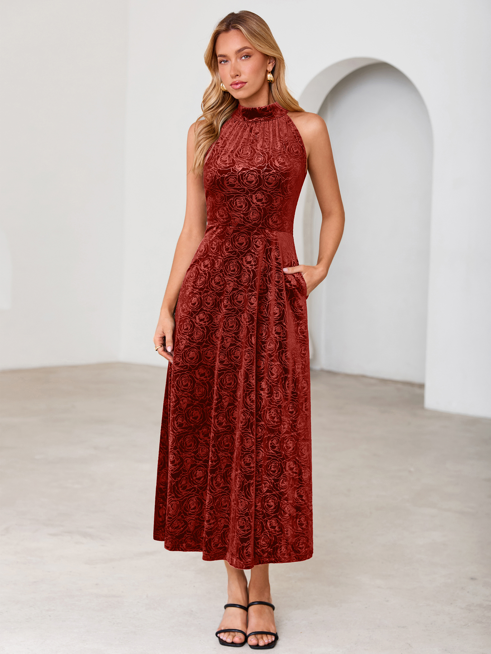 Luxurious Halter Neck Embossed Velvet Maxi Dress