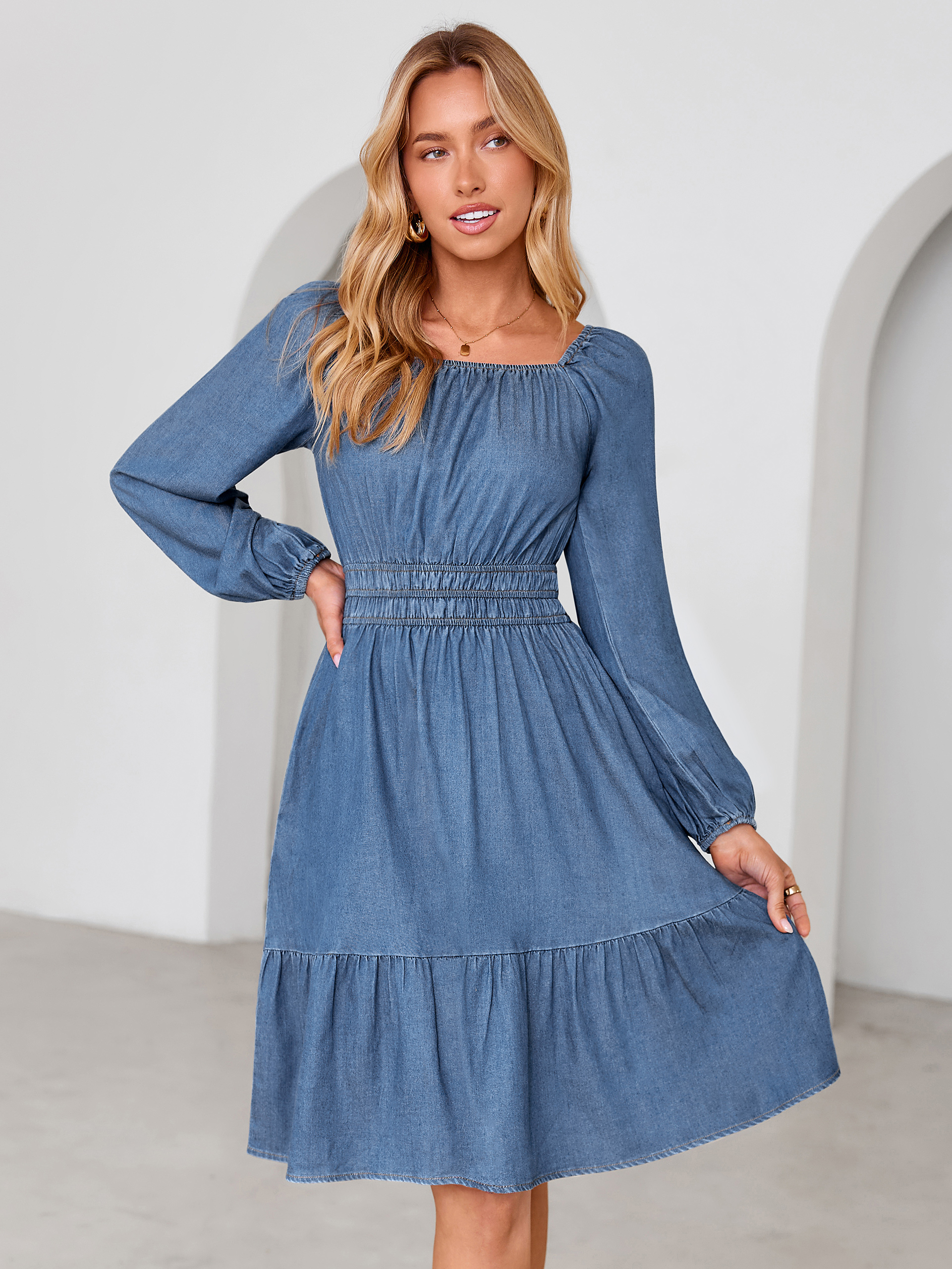 Square Neck Long Sleeve Lyocell Denim Mini Dress