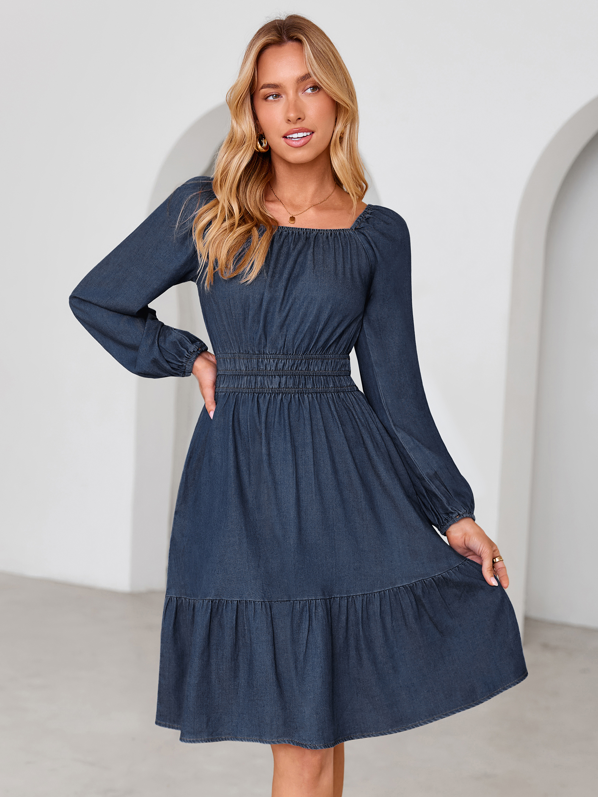 Square Neck Long Sleeve Lyocell Denim Mini Dress