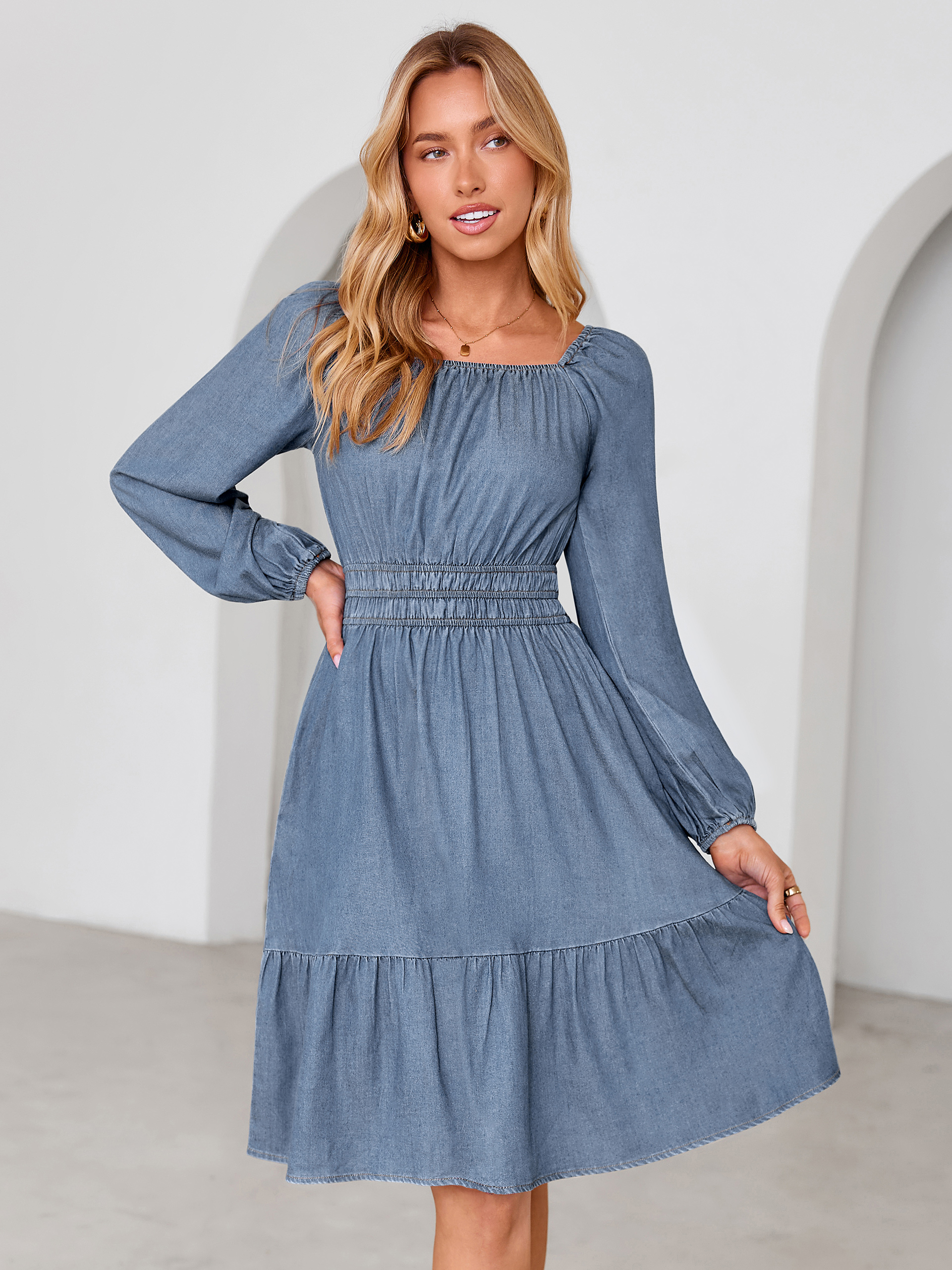 Square Neck Long Sleeve Lyocell Denim Mini Dress