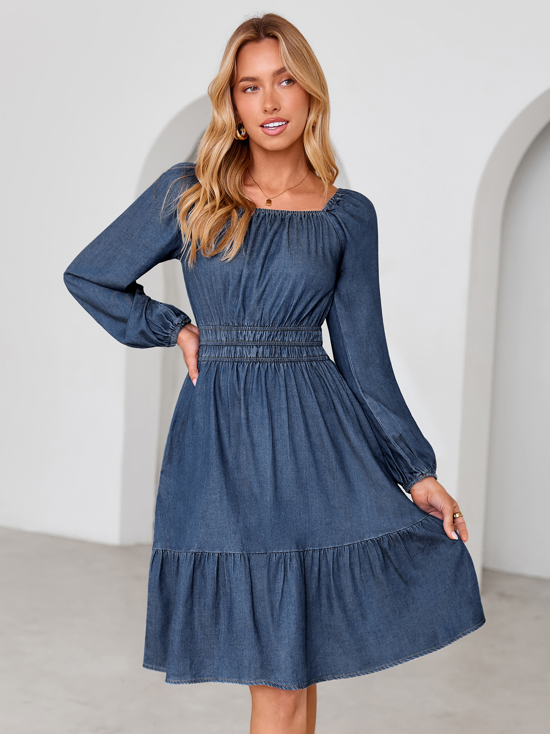 Square Neck Long Sleeve Lyocell Denim Mini Dress