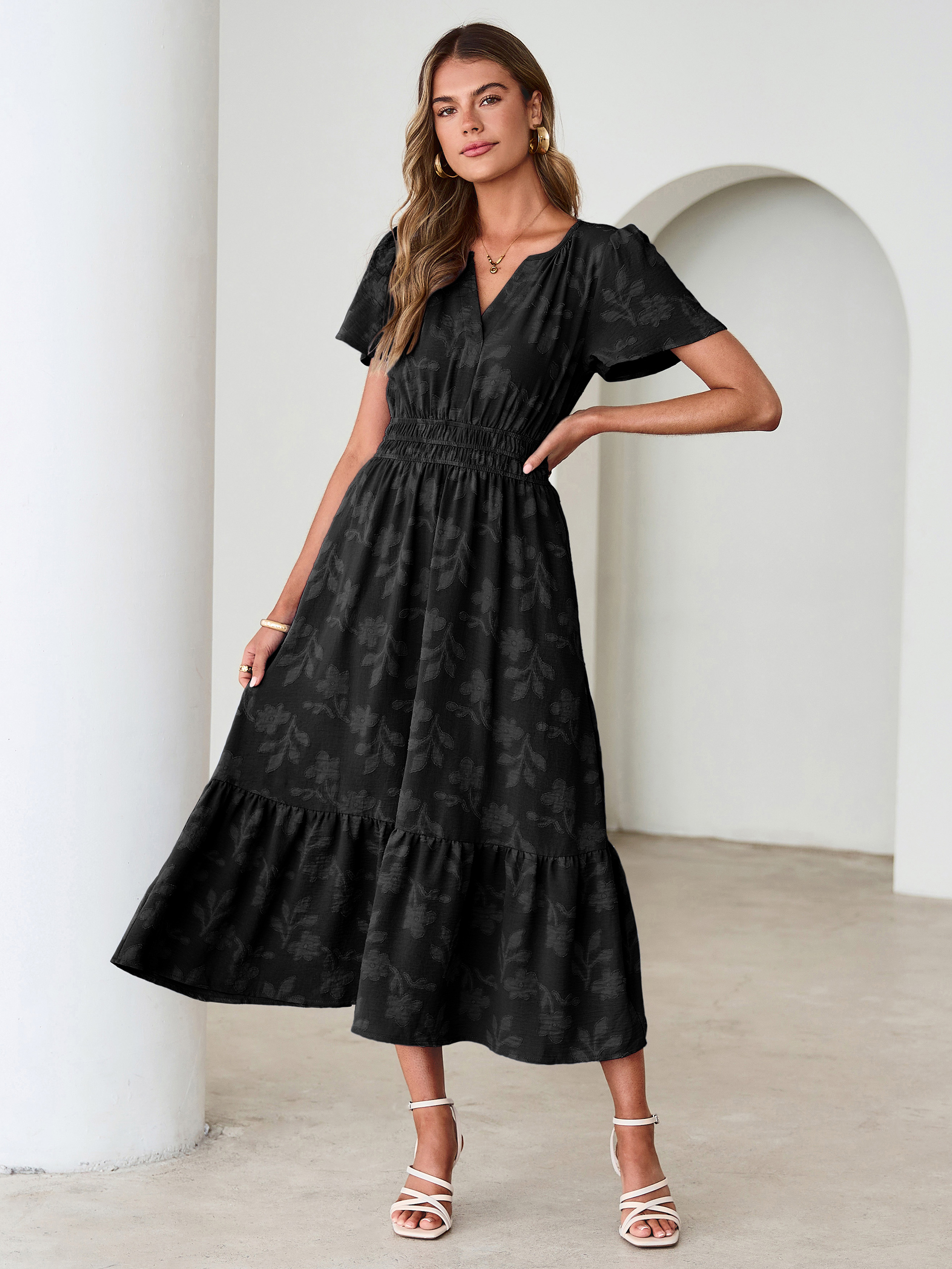 V Neck Burnout Floral Ruffle Maxi Dress