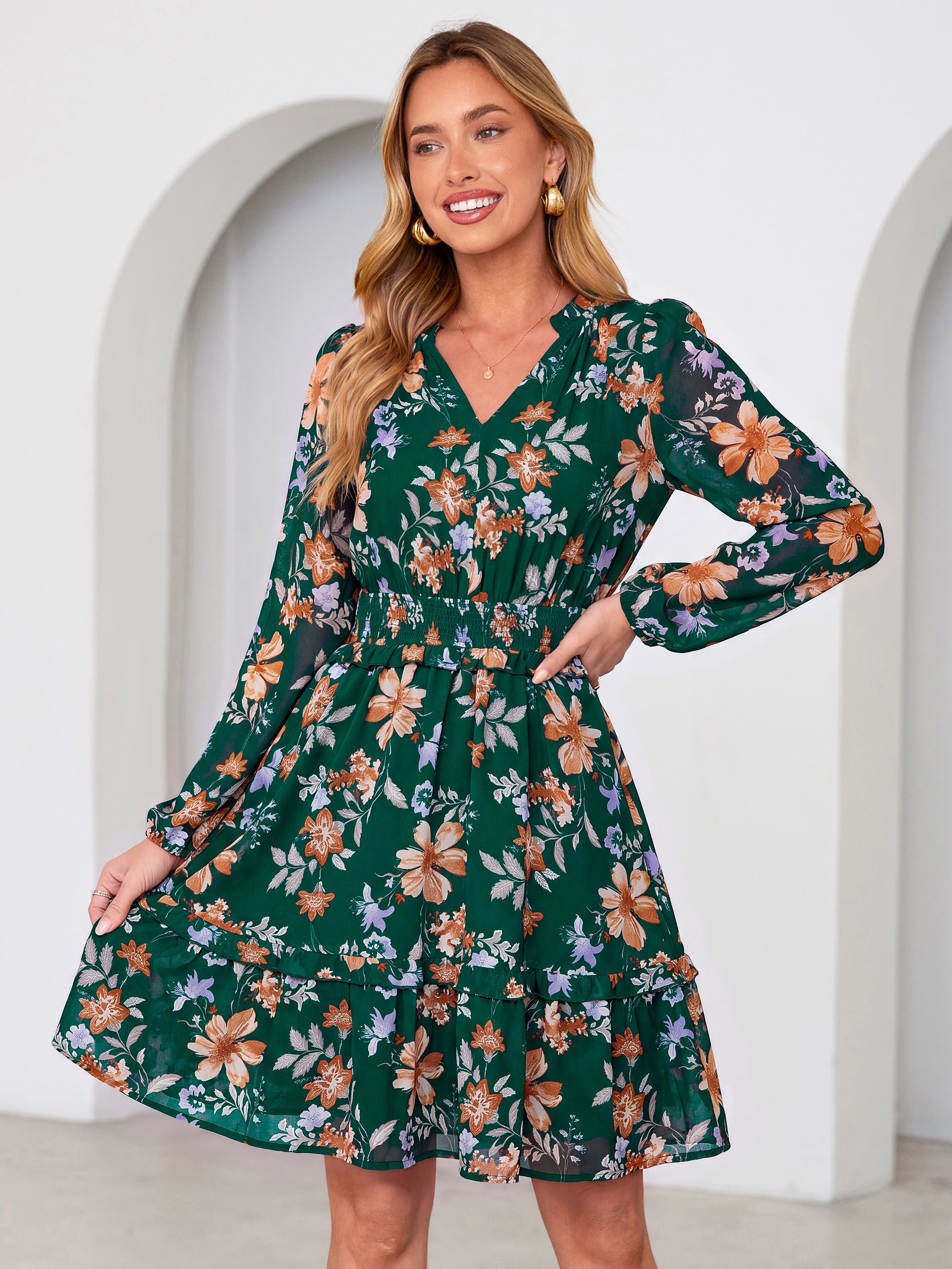 Chiffon Floral Print Long Sleeve Smocked Mini Dress