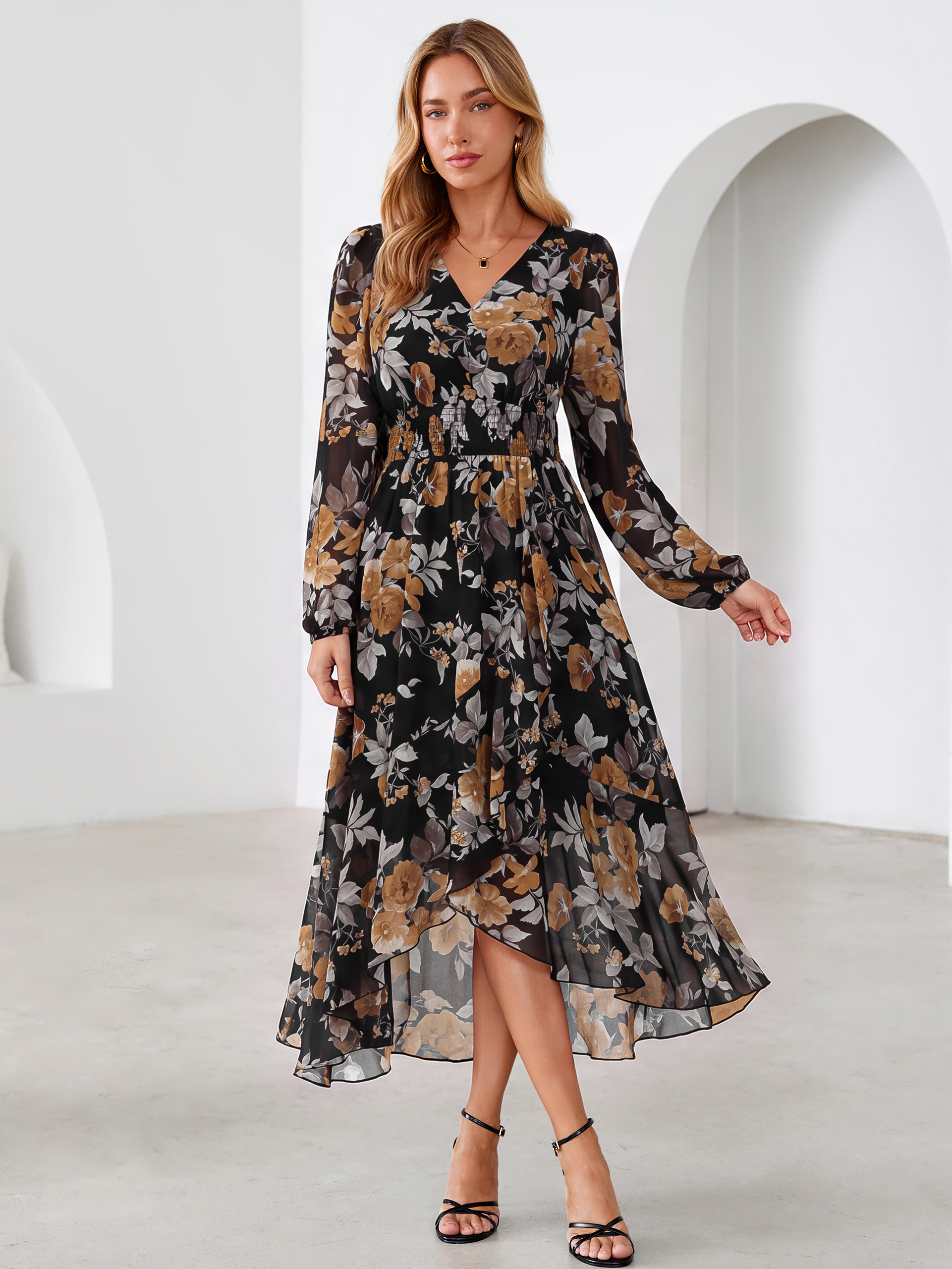 Tulle Floral Print Long Sleeve Asymmetrical Maxi Dress