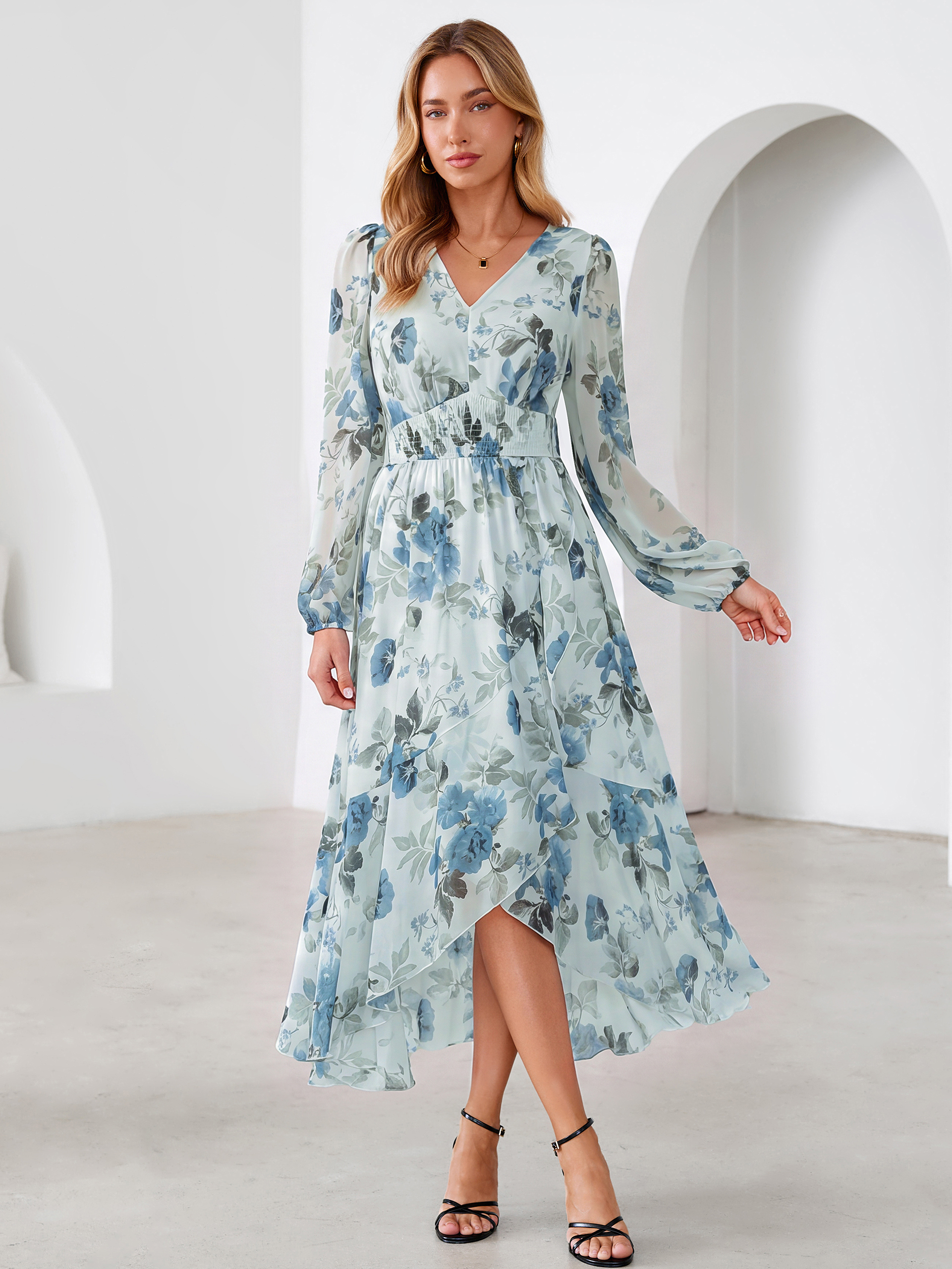 Tulle Floral Print Long Sleeve Asymmetrical Maxi Dress
