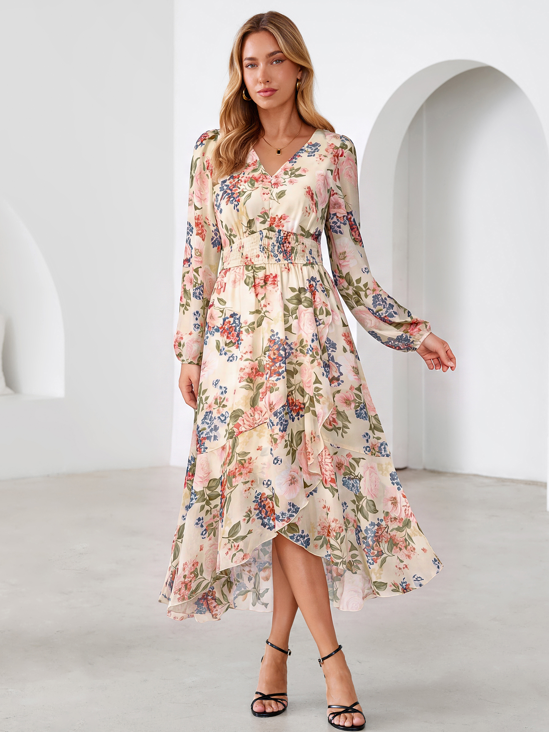 Tulle Floral Print Long Sleeve Asymmetrical Maxi Dress