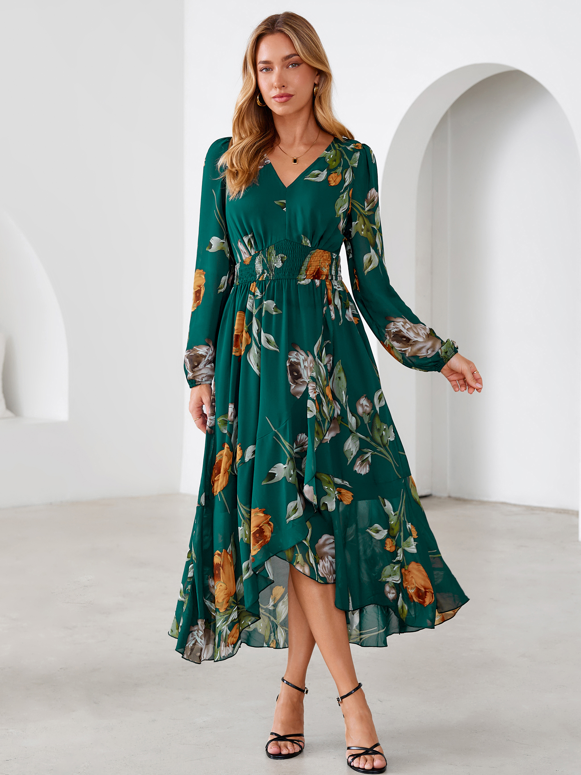 Tulle Floral Print Long Sleeve Asymmetrical Maxi Dress