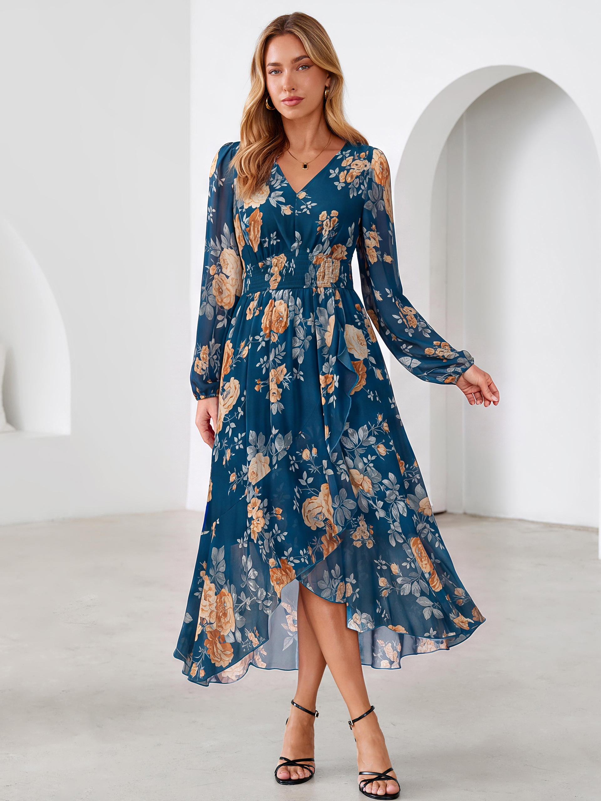 Tulle Floral Print Long Sleeve Asymmetrical Maxi Dress