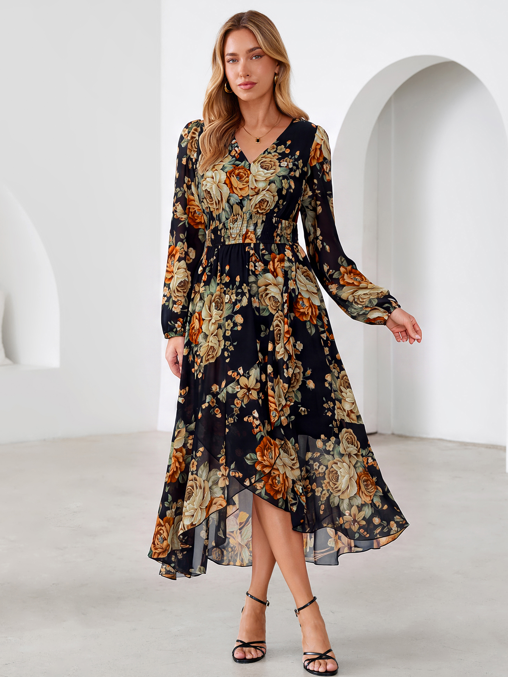 Tulle Floral Print Long Sleeve Asymmetrical Maxi Dress