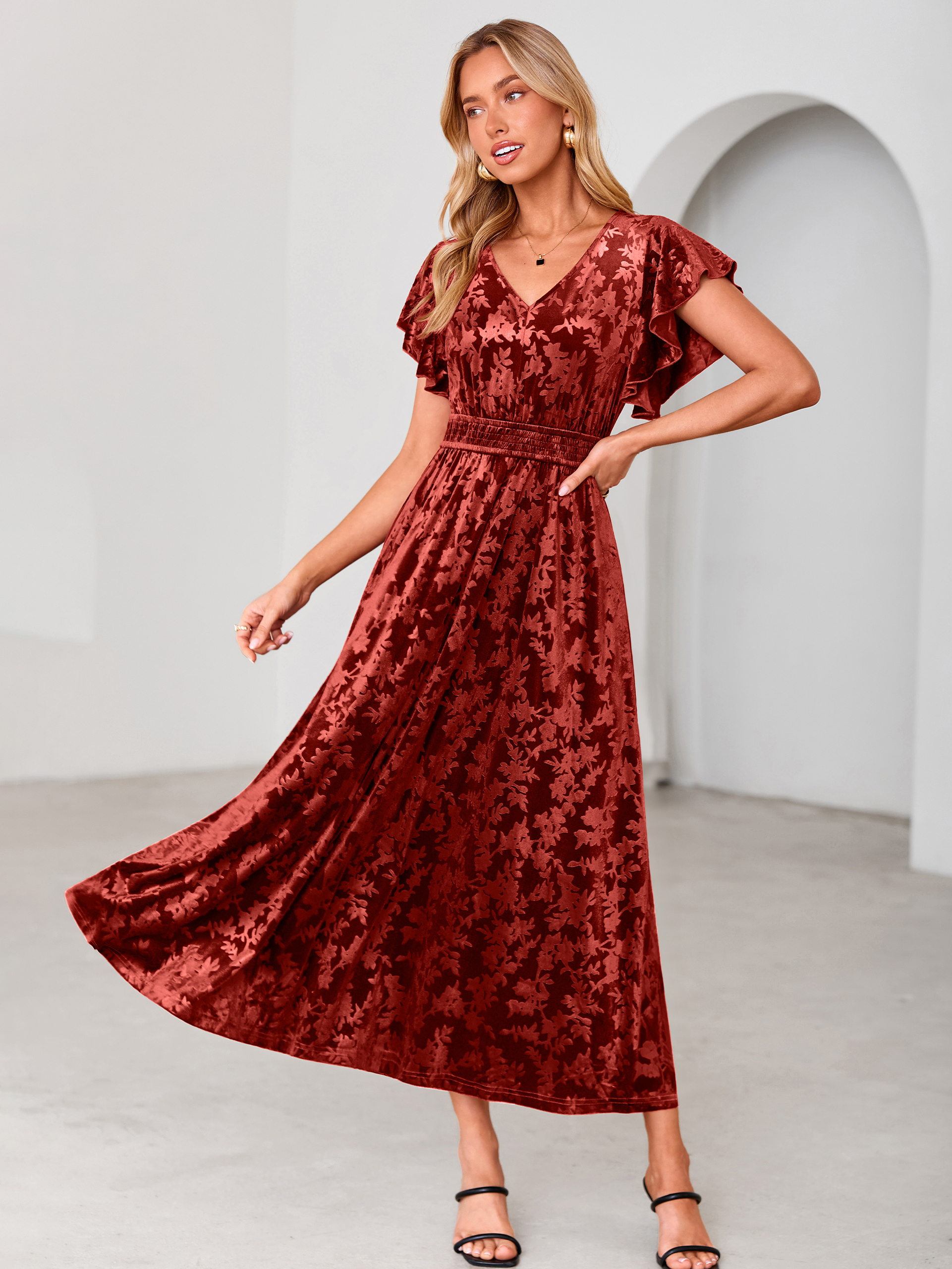 V-Neck Flutter Sleeve Burnout Velvet Maxi Dress - Orange Red