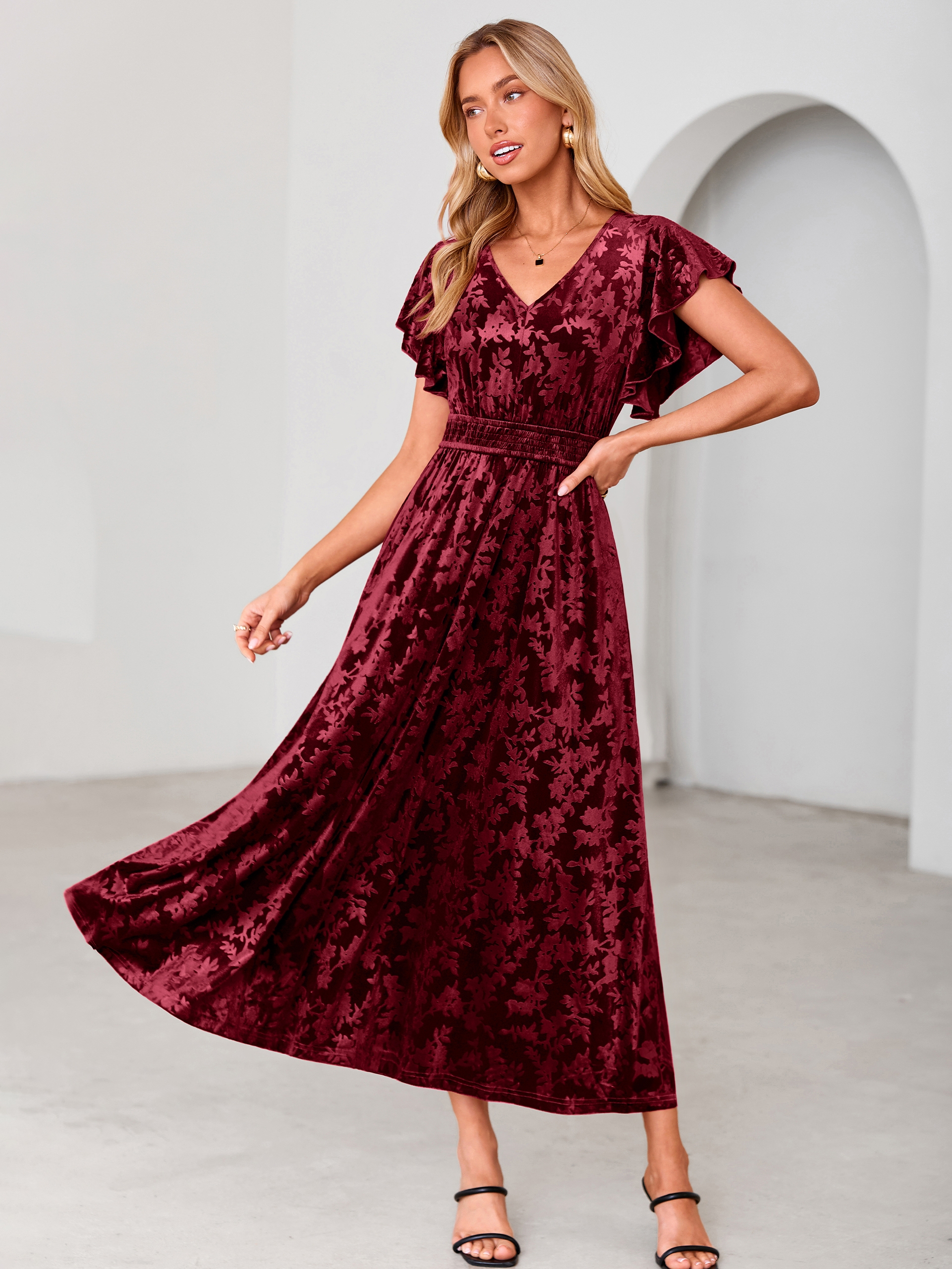 V-Neck Flutter Sleeve Burnout Velvet Maxi Dress - Wine Red