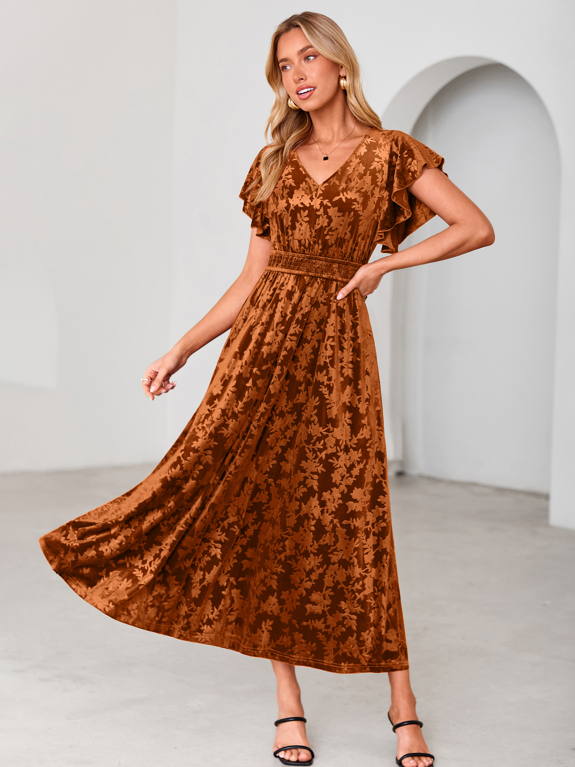 V-Neck Flutter Sleeve Burnout Velvet Maxi Dress - Burnt Orange