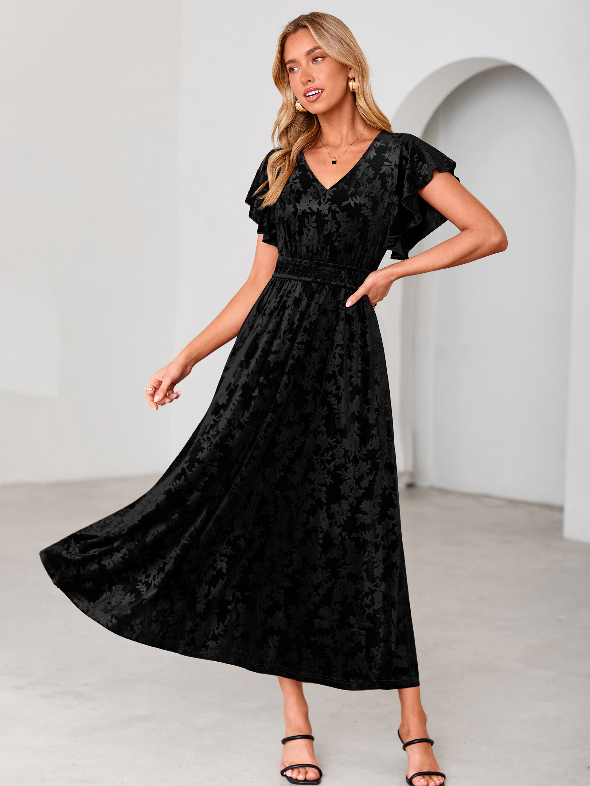 V-Neck Flutter Sleeve Burnout Velvet Maxi Dress - Black
