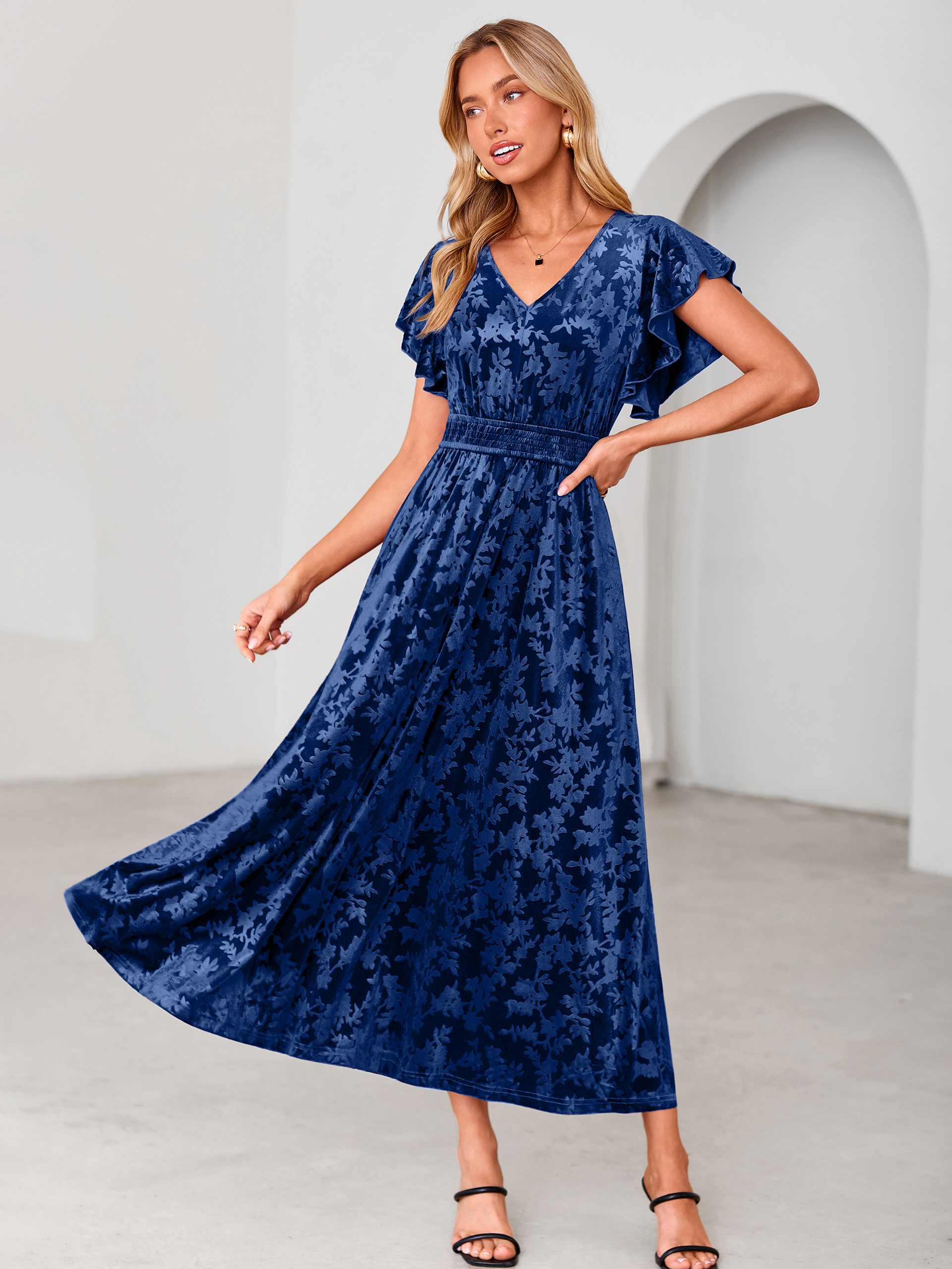 V-Neck Flutter Sleeve Burnout Velvet Maxi Dress - Navy Blue