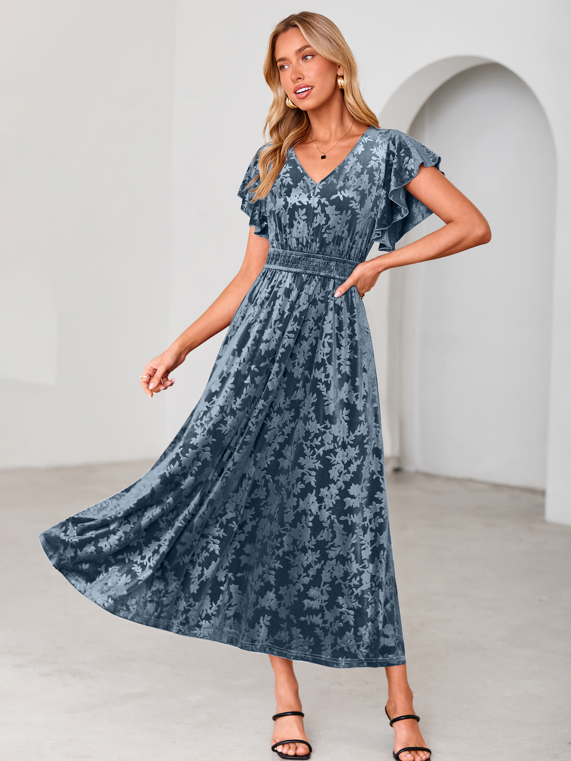 V-Neck Flutter Sleeve Burnout Velvet Maxi Dress - Gray Blue