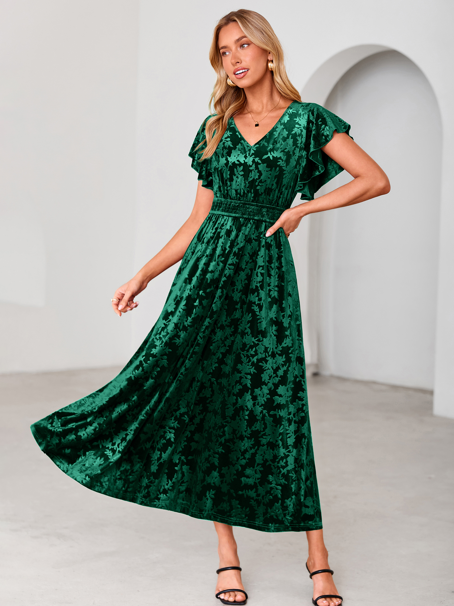 V-Neck Flutter Sleeve Burnout Velvet Maxi Dress - Dark Green