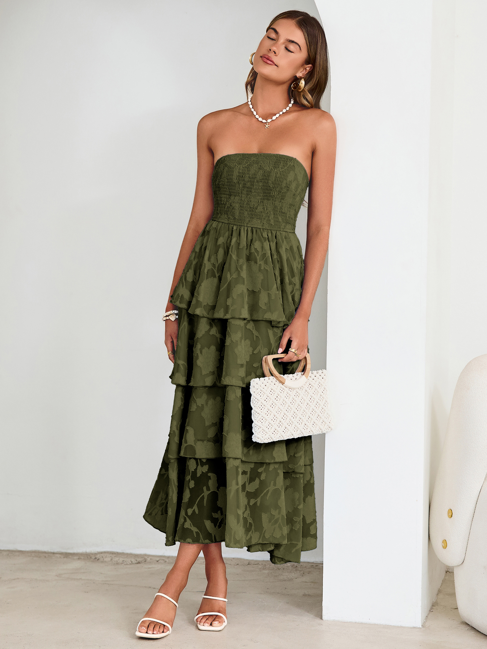 Floral Strapless Smocked Tiered Maxi Dress