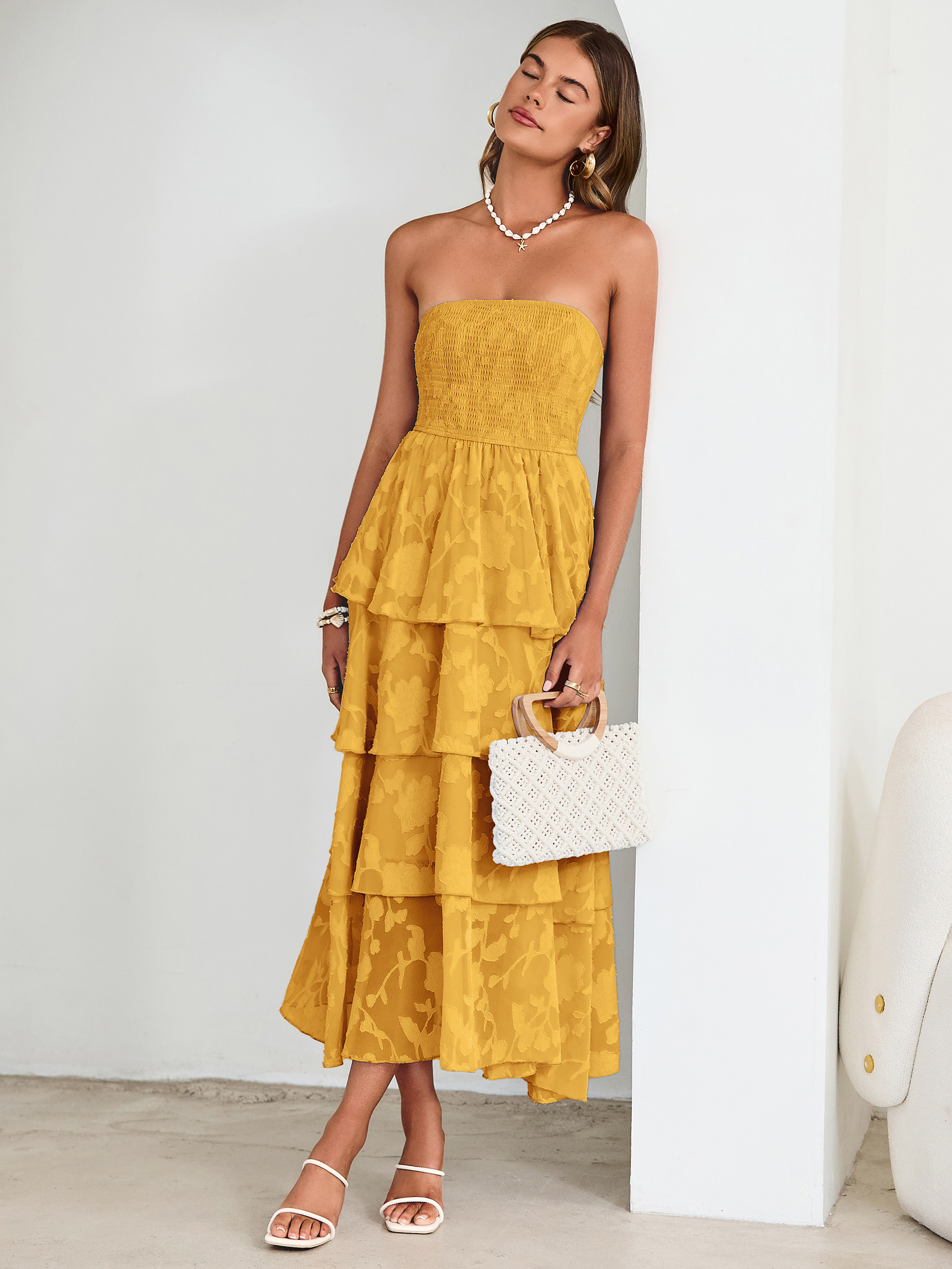 Floral Strapless Smocked Tiered Maxi Dress