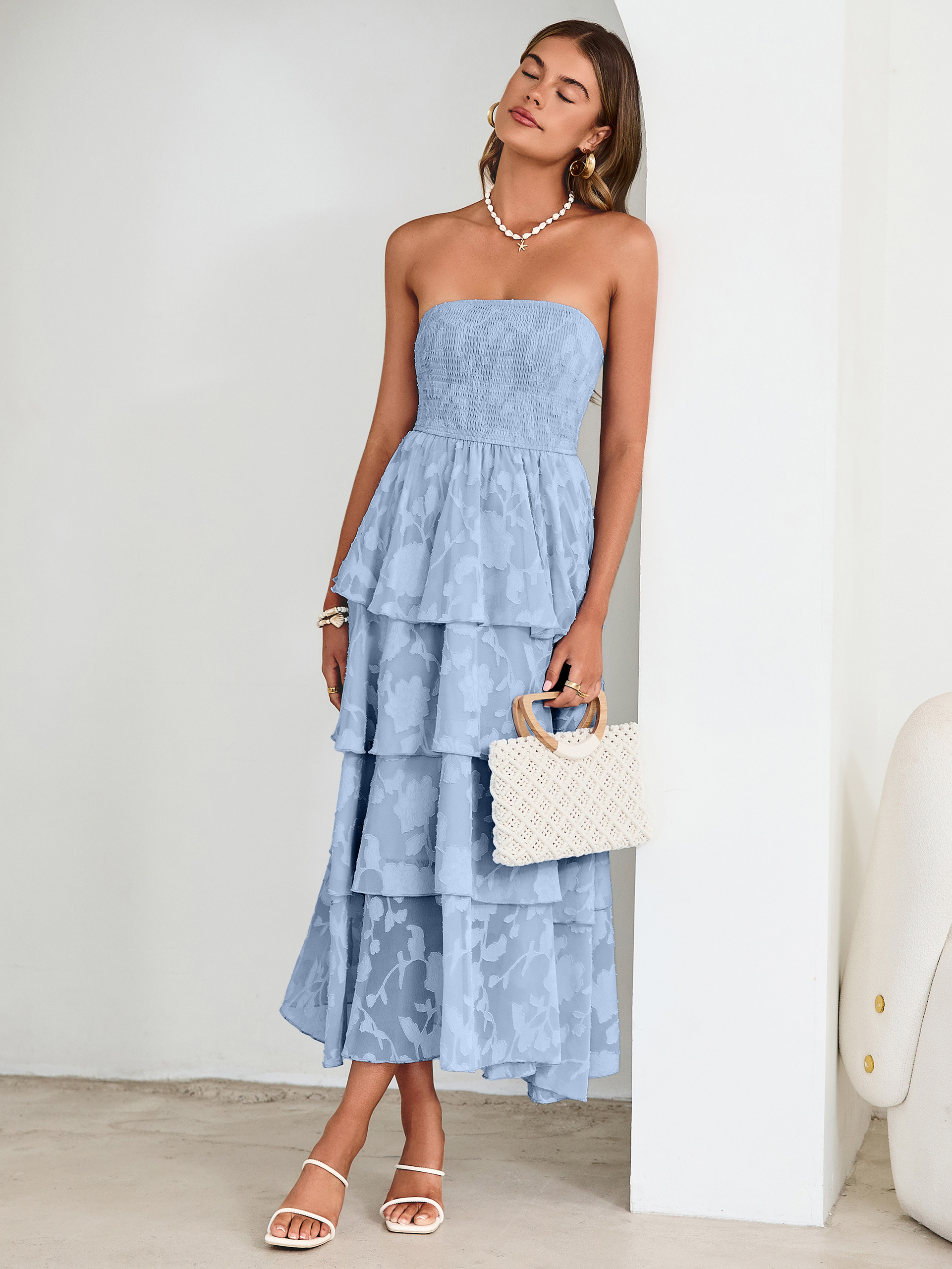Floral Strapless Smocked Tiered Maxi Dress